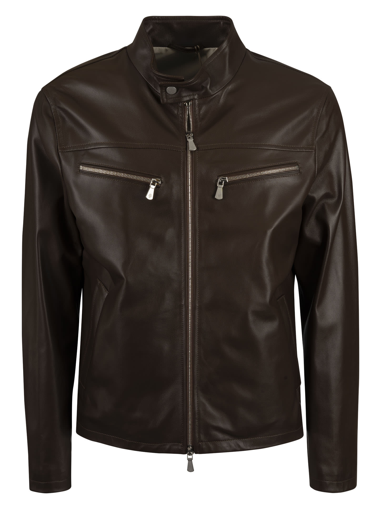 Eleventy Shiny Leather Biker Jacket In Moro