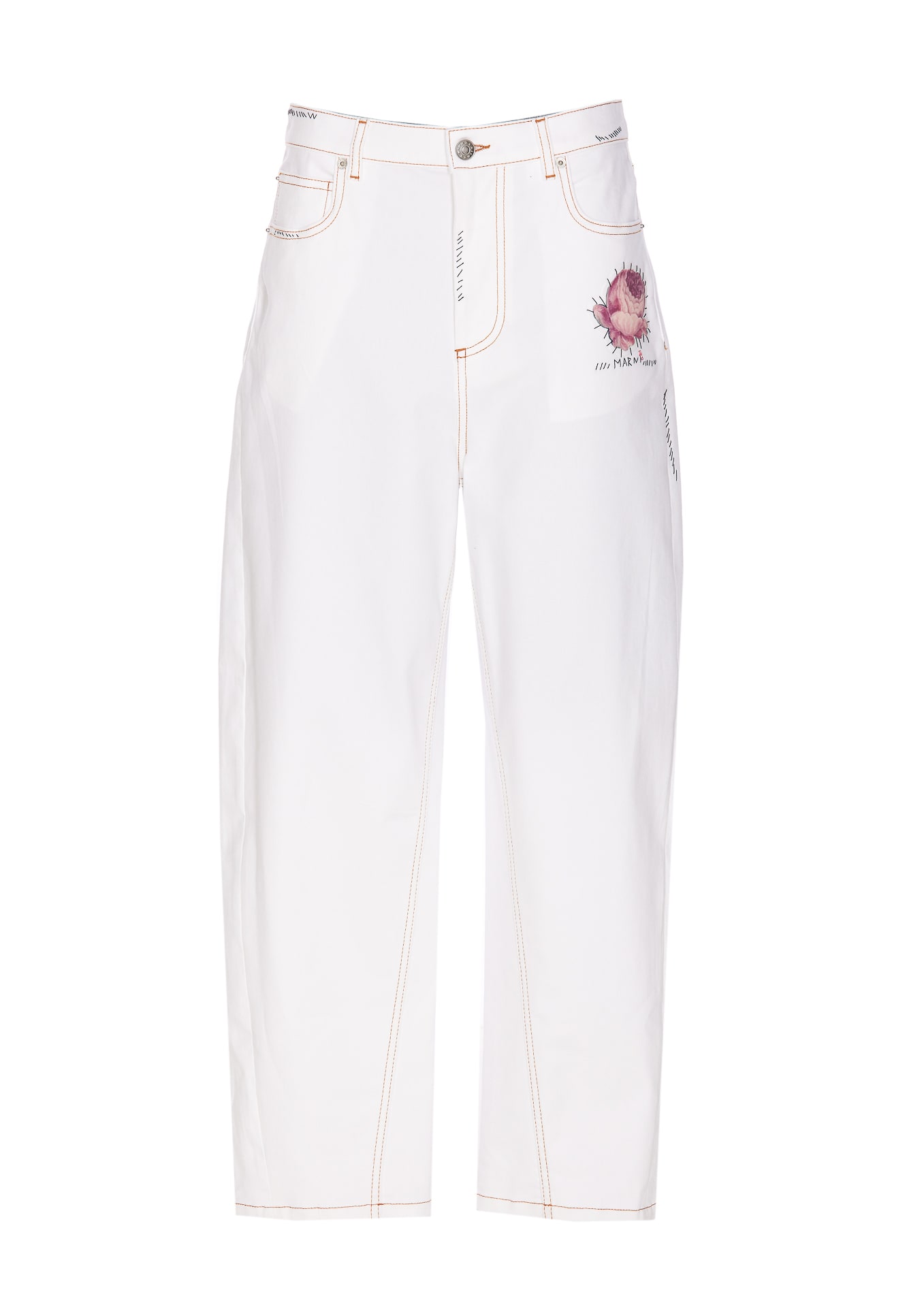 Shop Marni Denim Pants With Flower Patch In White