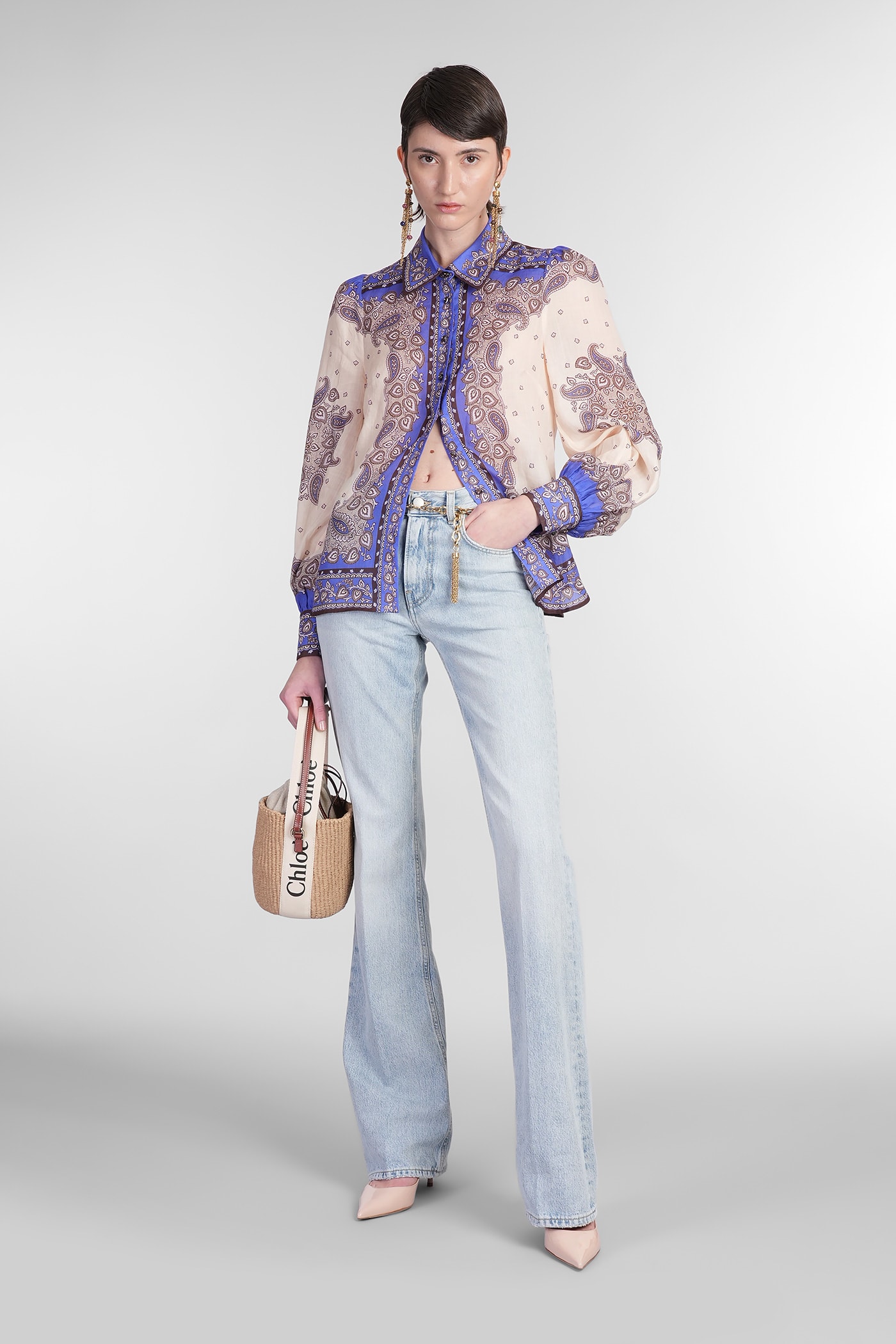 Zimmermann Maxine Paisley Blouson Sleeve Ramie Button-up Shirt In Beige