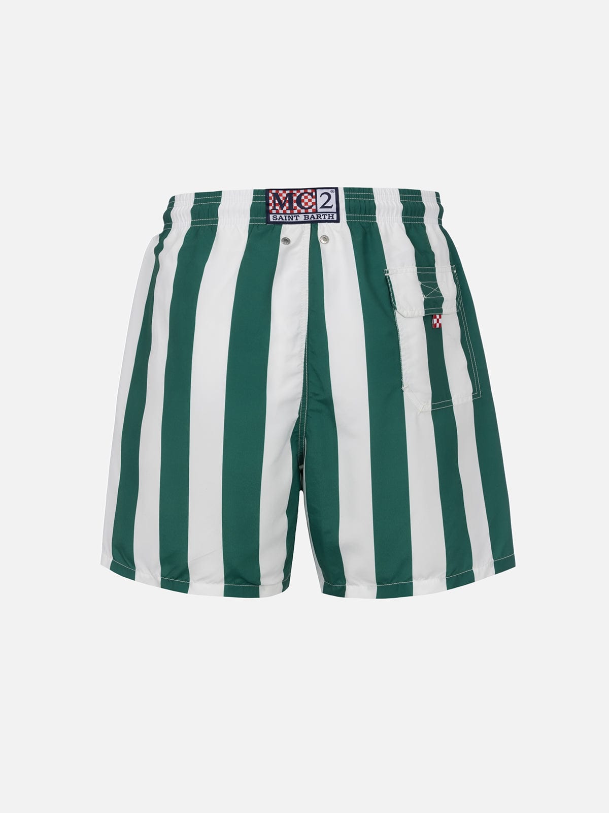 Shop Mc2 Saint Barth Man Mid-length Striped Gustavia Swim-shorts With St. Barth Embroidery In Green