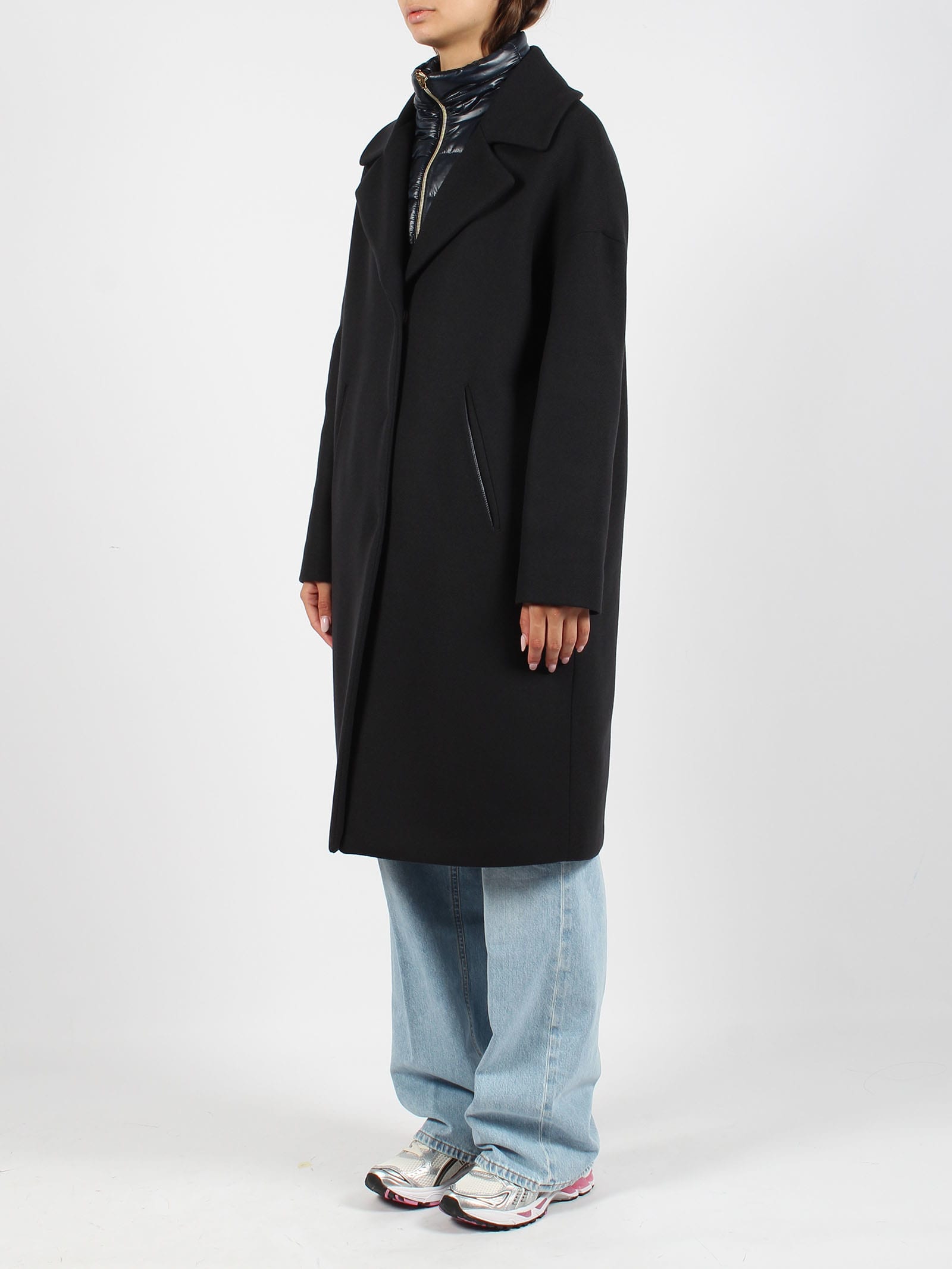 Herno Black Padded Single-breasted Coat In Mixed Of Tech Materials Woman In Blue