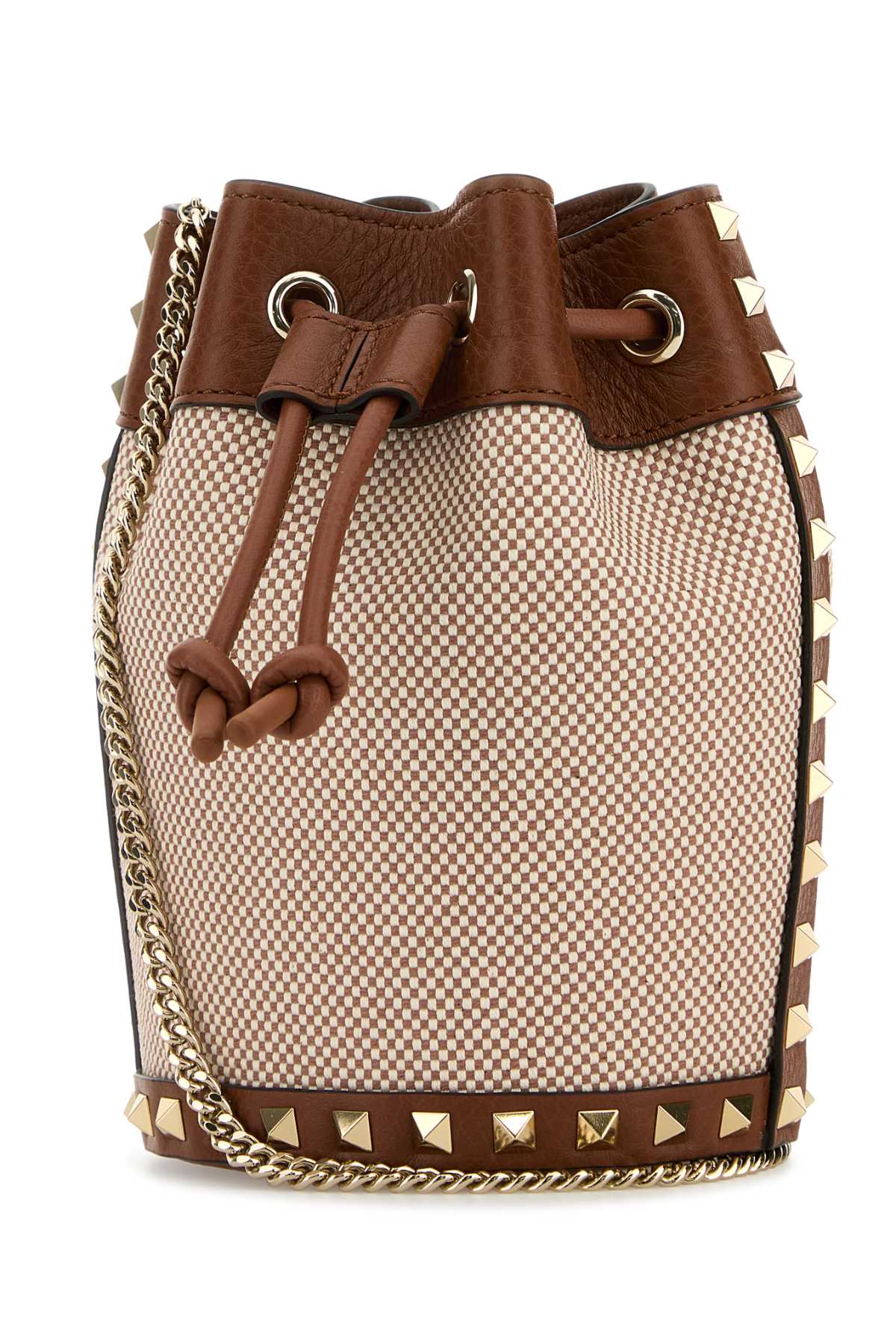 Shop Valentino Two-tone Canvas Rockstud Bucket Bag In Naturaletobaccoselleria