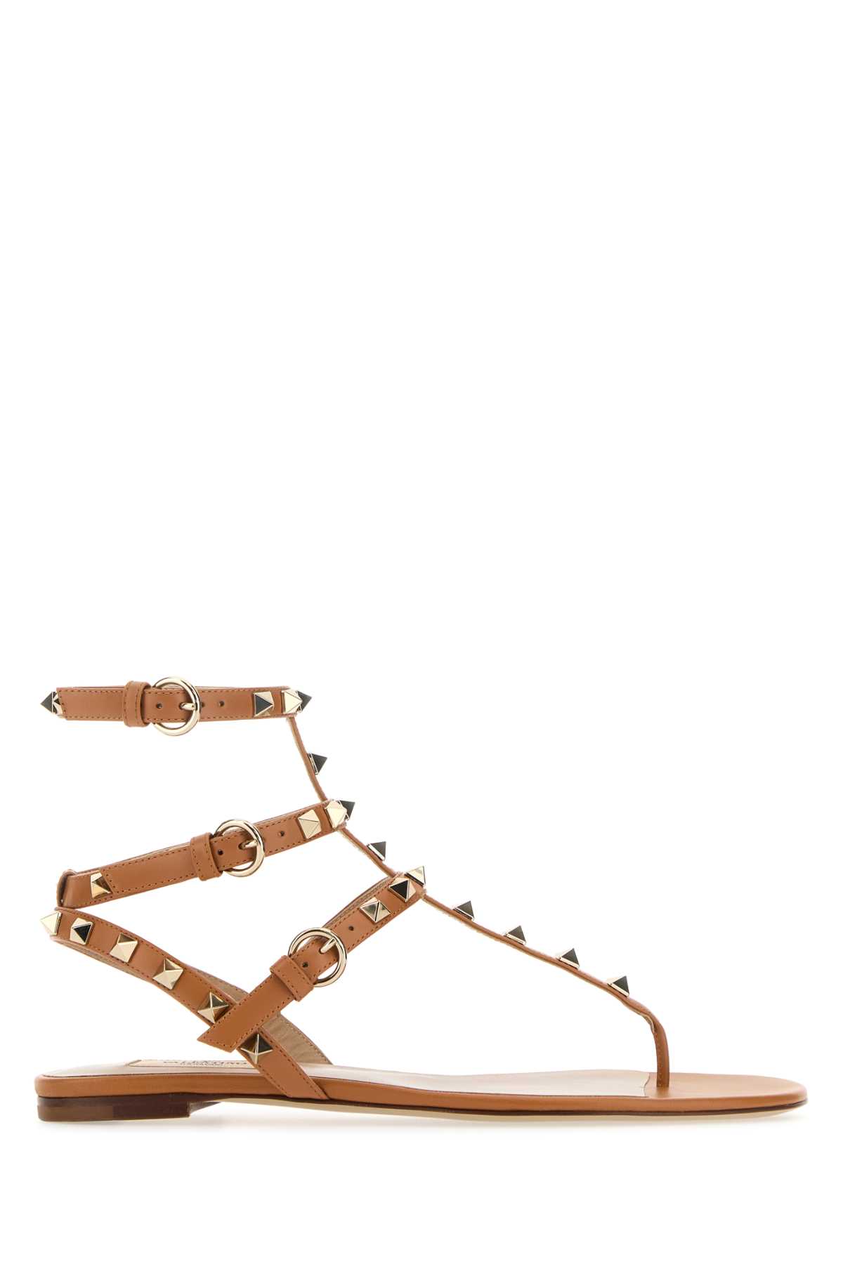 Shop Valentino Camel Leather Rockstud Thong Sandals In Almondbeige