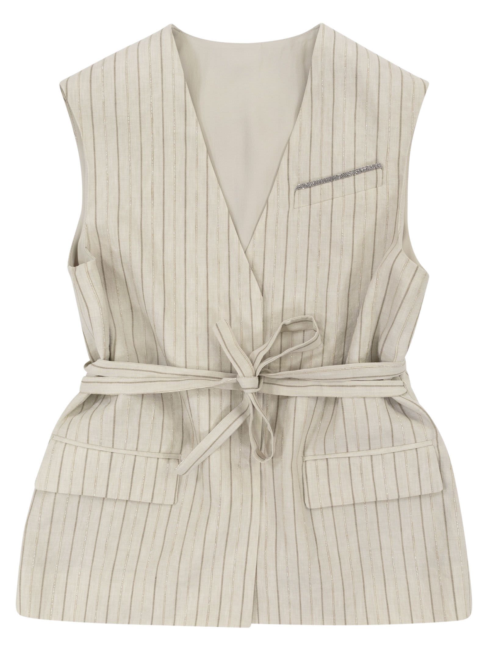 Brunello Cucinelli Kids' Linen-blend Waistcoat With Matching Belt In Sand