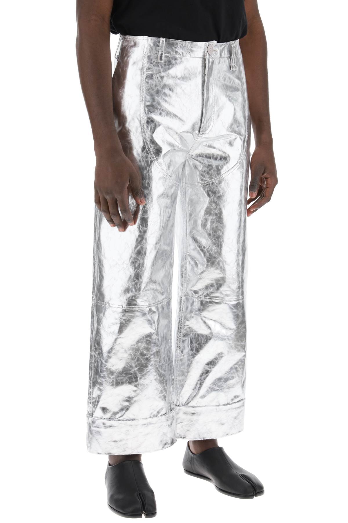 Shop Simone Rocha Laminated Leather Pants With Folded Hem In Silver (silver)