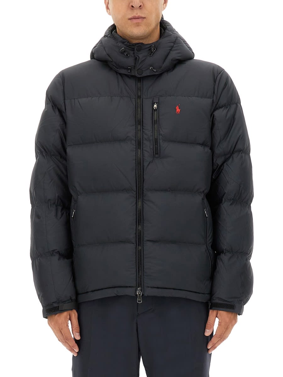 Polo Ralph Lauren Blue Down Jacket With Fixed Hood And Embroidered Pony Logo On Chest In Tech Fabric Man In Black