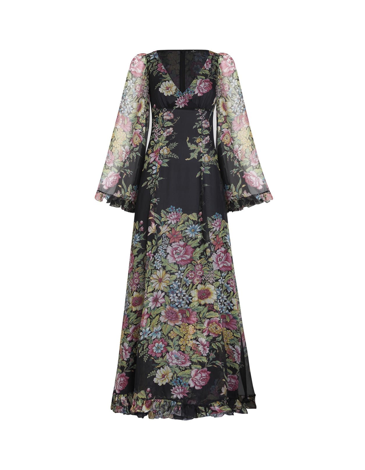 Shop Etro Silk Long Dress With Floral Motif In Black