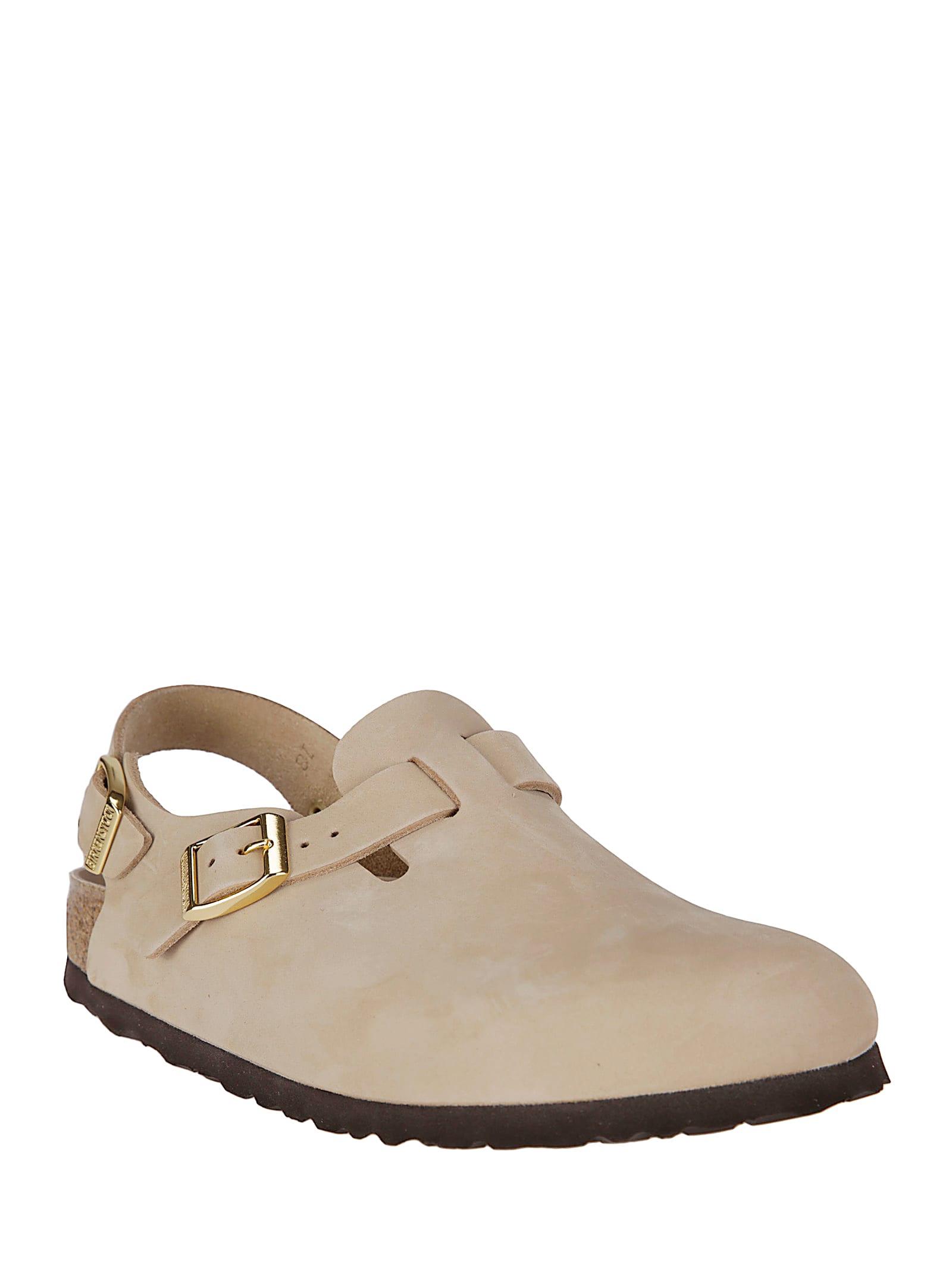 Birkenstock Closed Toe Flat Sole Sling Back Mules In Sand