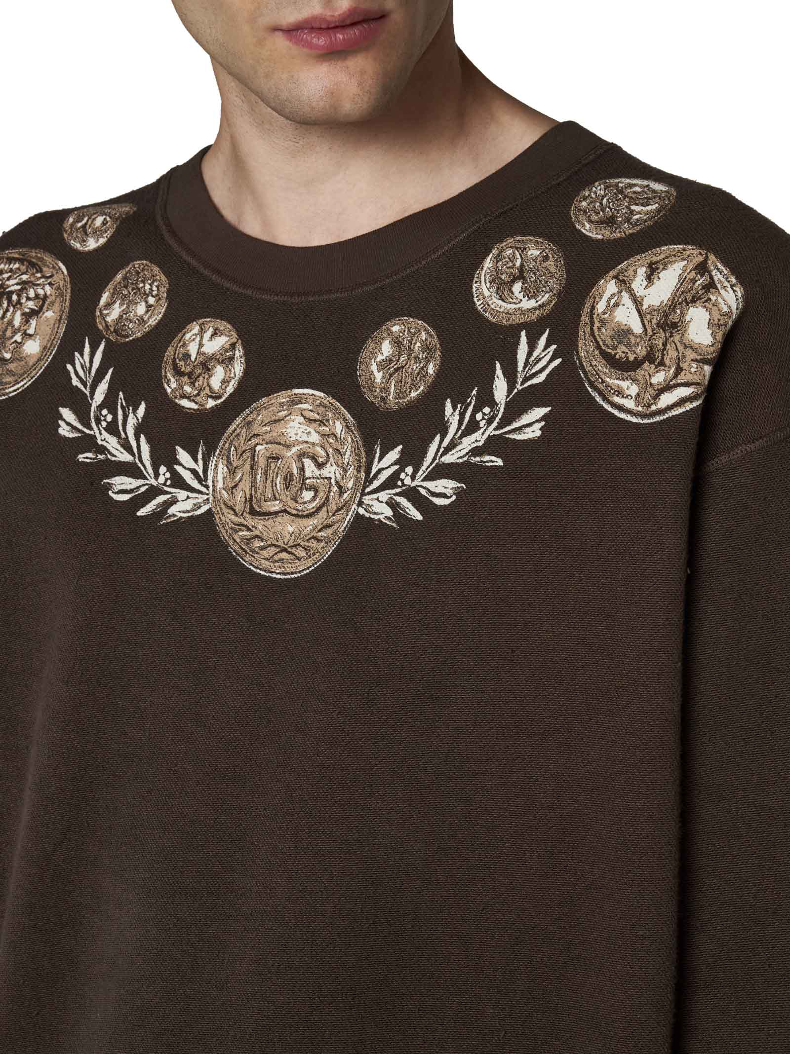 Dolce & Gabbana Coin Print Cotton Sweatshirt In Brown