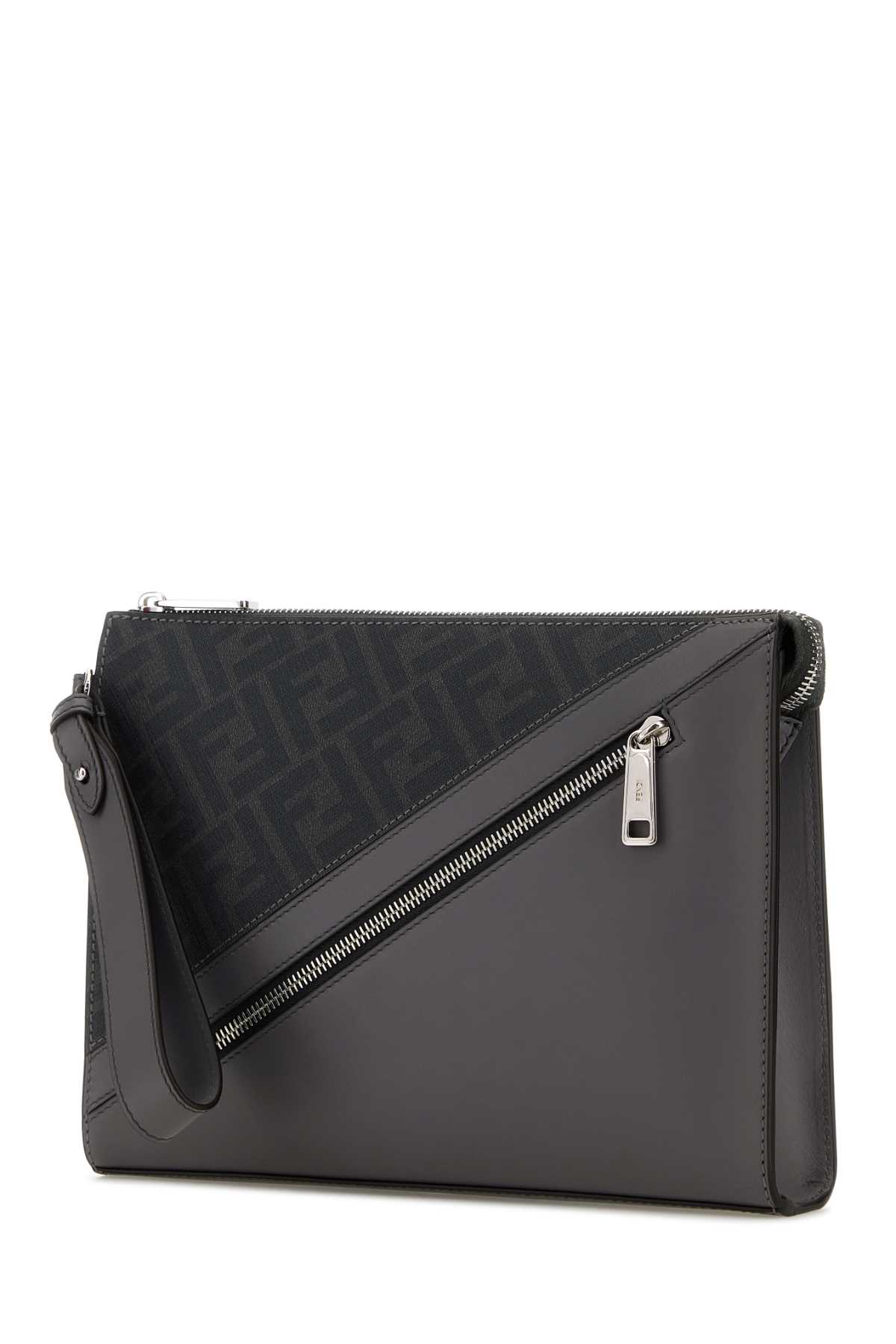 Shop Fendi Multicolor Fabric And Leather Clutch In Acciaiopalladio