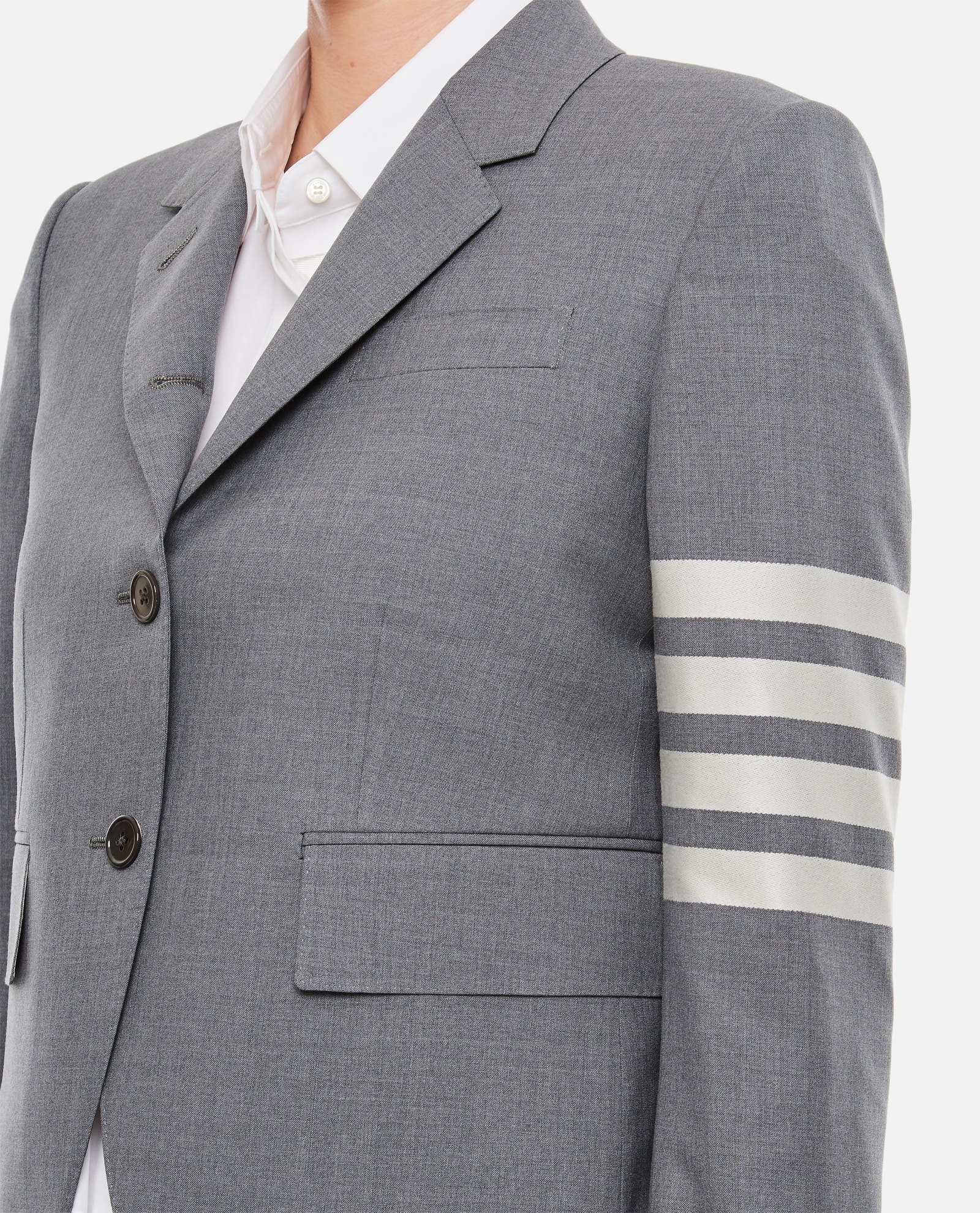 Thom Browne Four-bar Stripe Wool Cropped Single Breasted Blazer In Grey