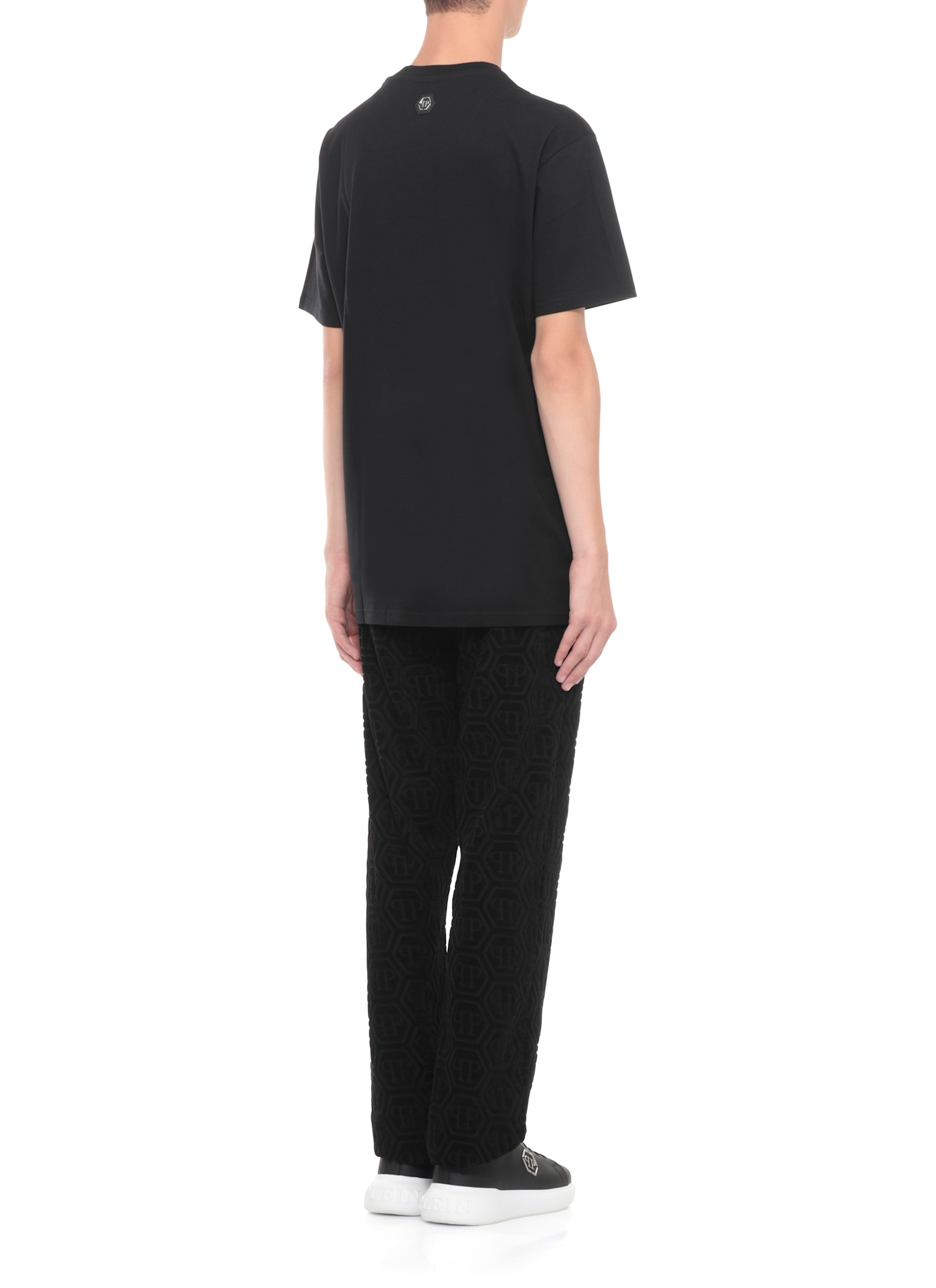 Philipp Plein Crew Neck Black T-shirt With Crystal Skull Design And Logo Patch In Black
