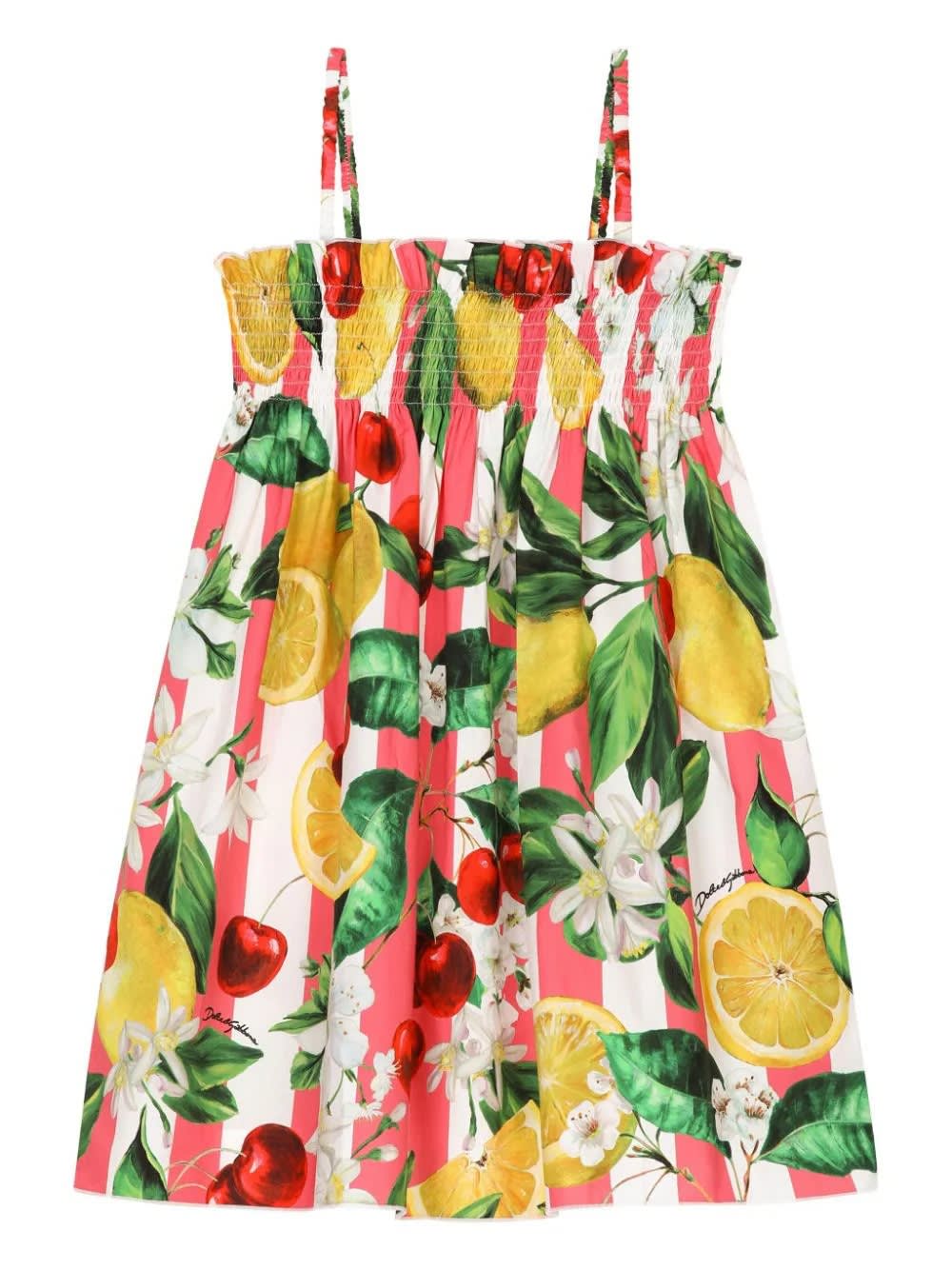 Dolce & Gabbana Kids' Poplin Sundress With Lemon And Cherry Print In Al Righ Vertrosa