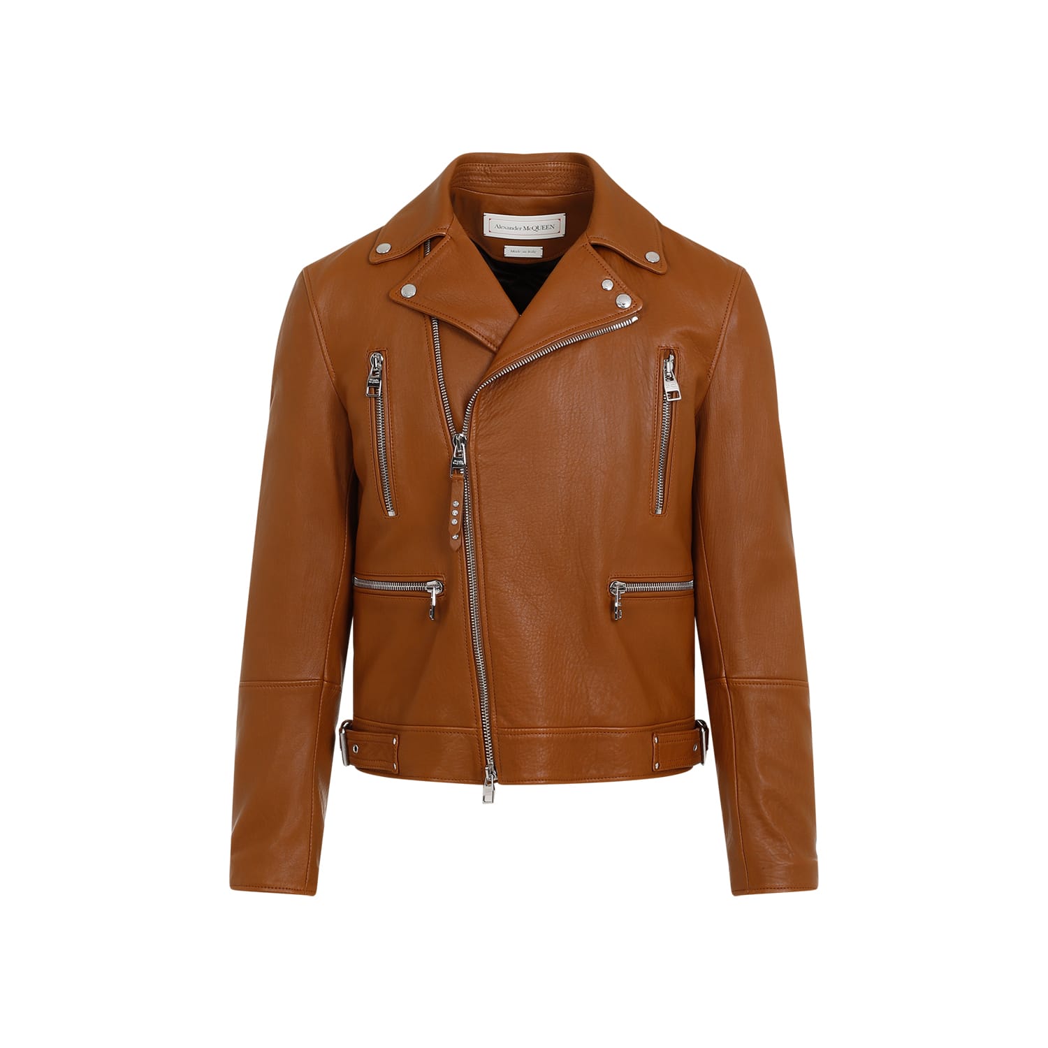 Shop Alexander Mcqueen Essential Leather Biker Jacket In Tobacco