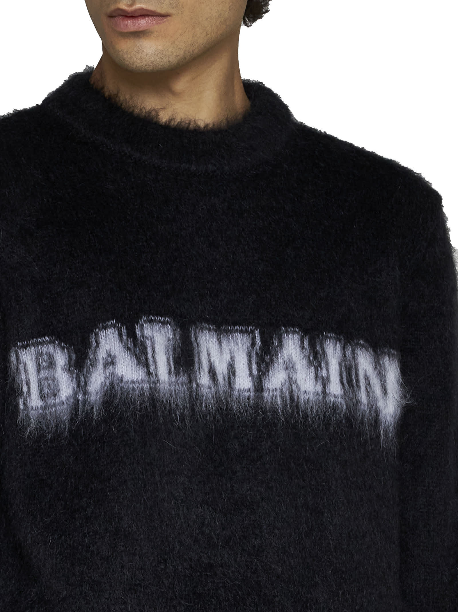 Balmain Black Crewneck Sweater With Maxi Logo Lettering On The Front And Brushed Effect In Wool Blen In Eab Noir Blanc