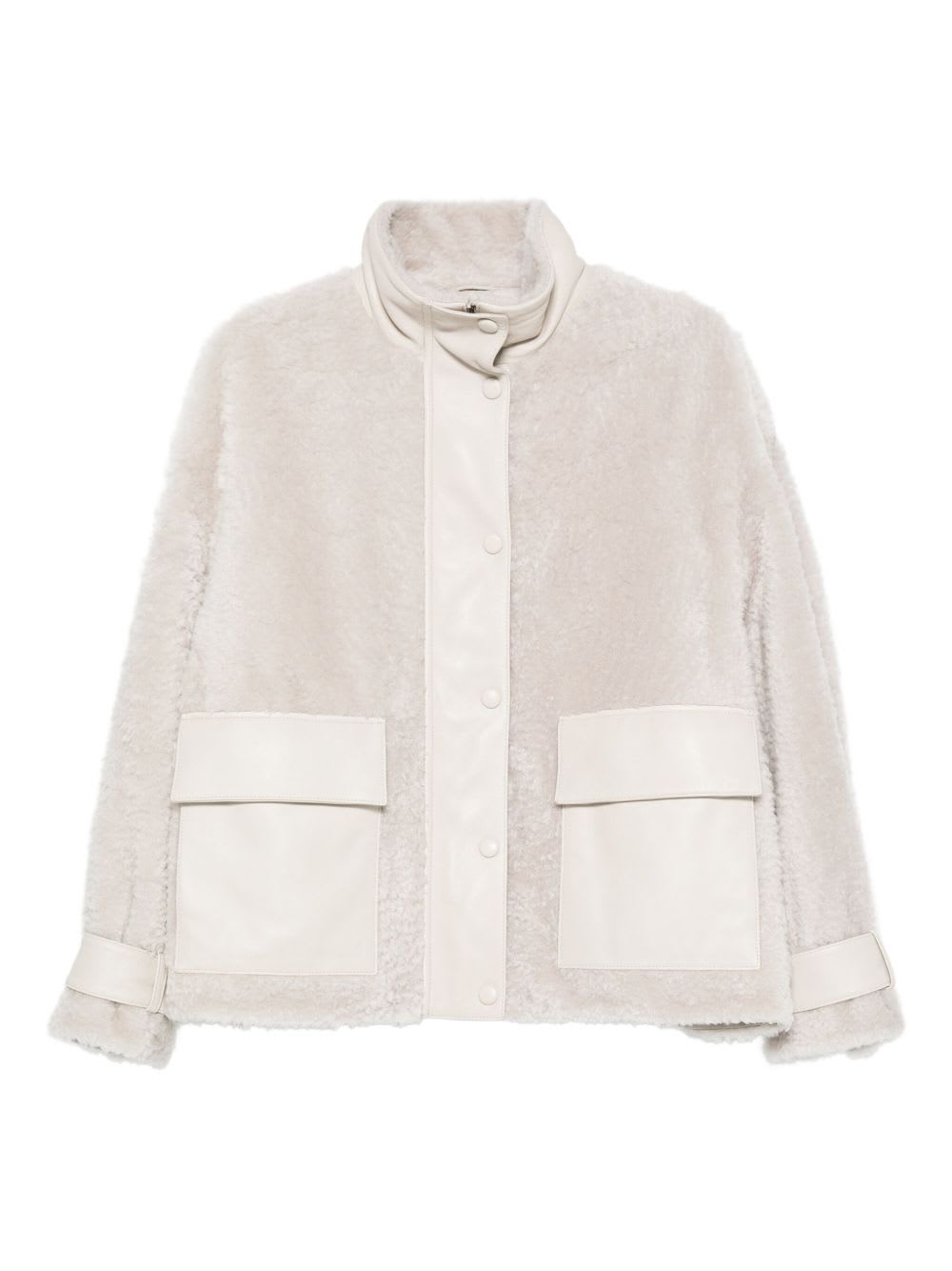 Emporio Armani Shearling Leather Jacket In Neutral