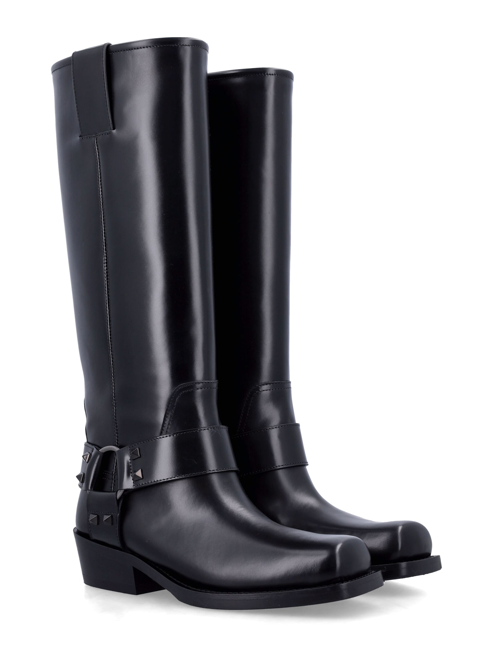 Valentino Rockstud Biker Knee-high Leather Boots In Black