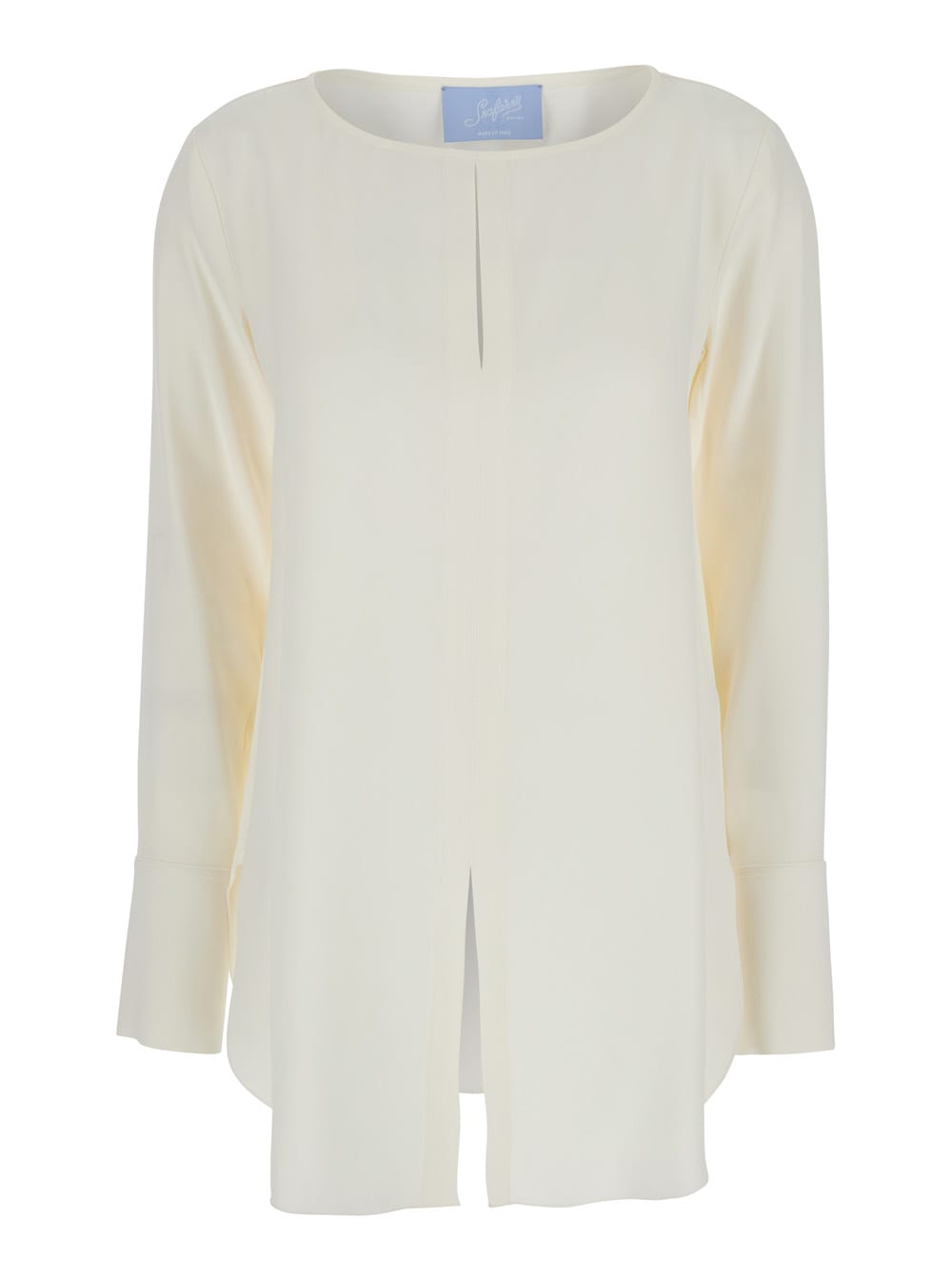 poppy White Crewneck Shirt With Rounded Hem And Vent On The Front In Viscose Blend Woman