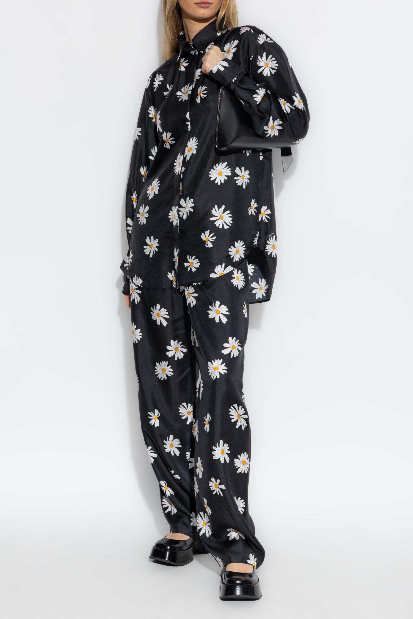 Moschino Black Silk Twill Allover Daisy Trousers In 1555