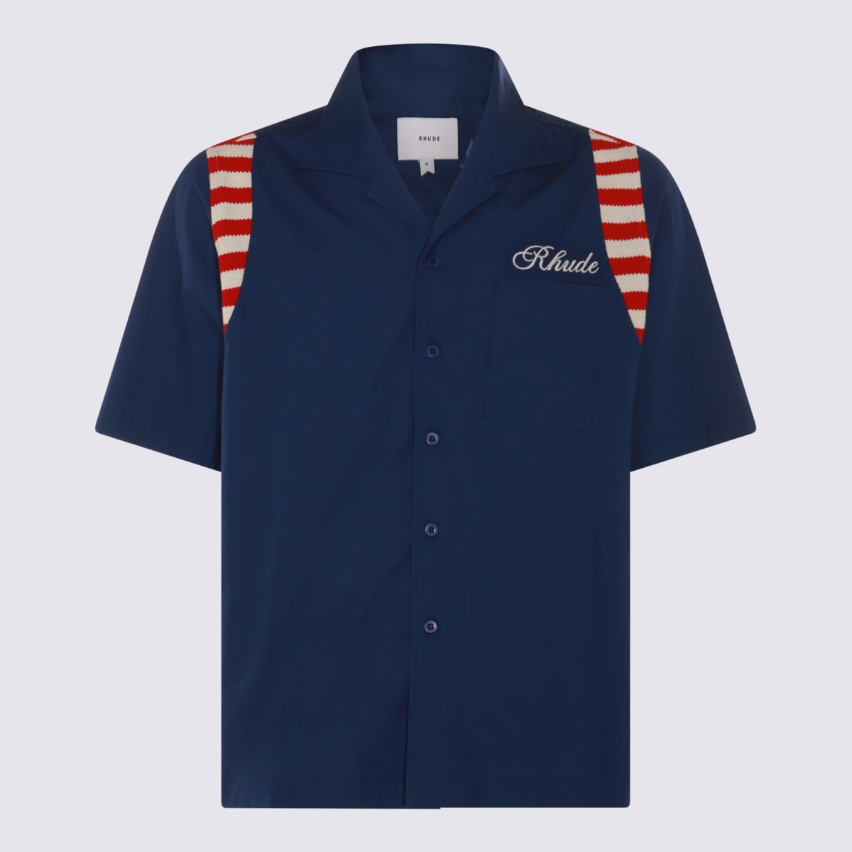 Shop Rhude Navy Blue, Cream And Red Cotton Shirt