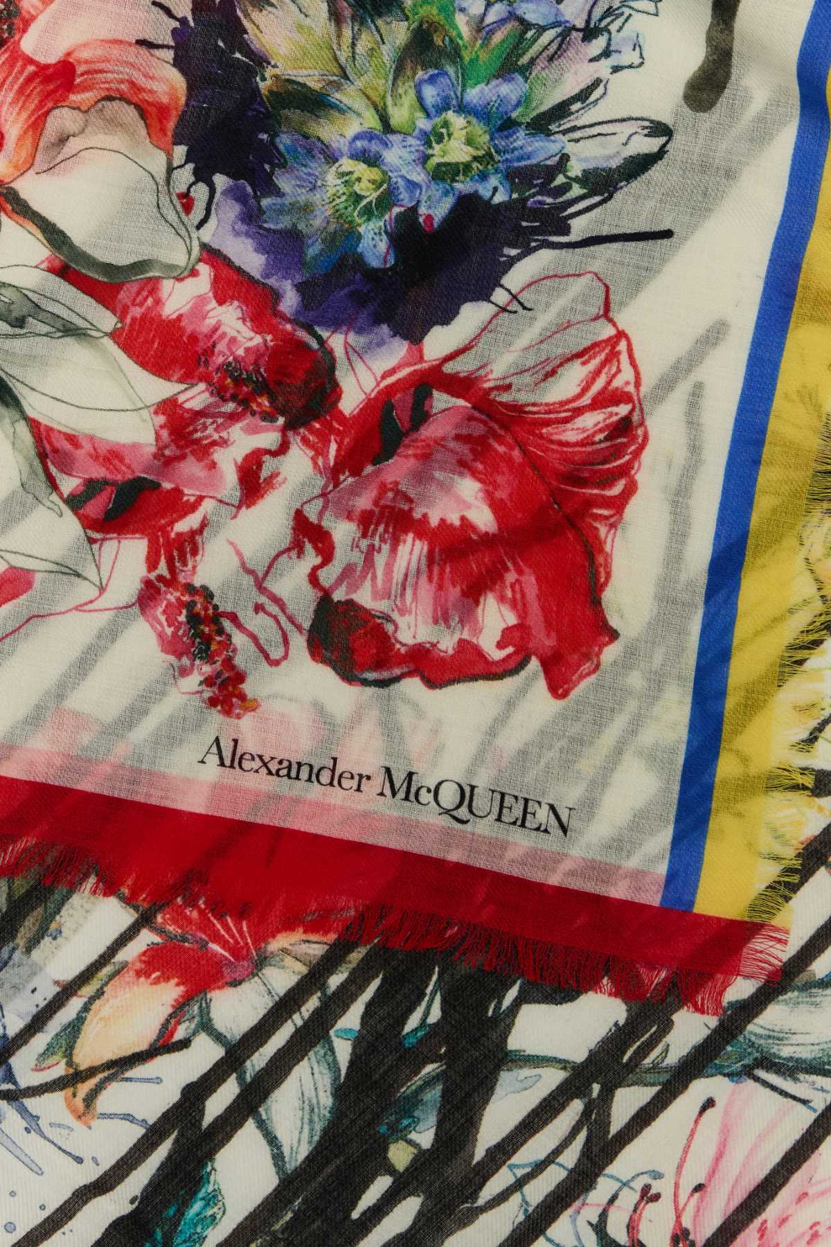 Shop Alexander Mcqueen Embroidered Wool Scarf In Ivoryblack