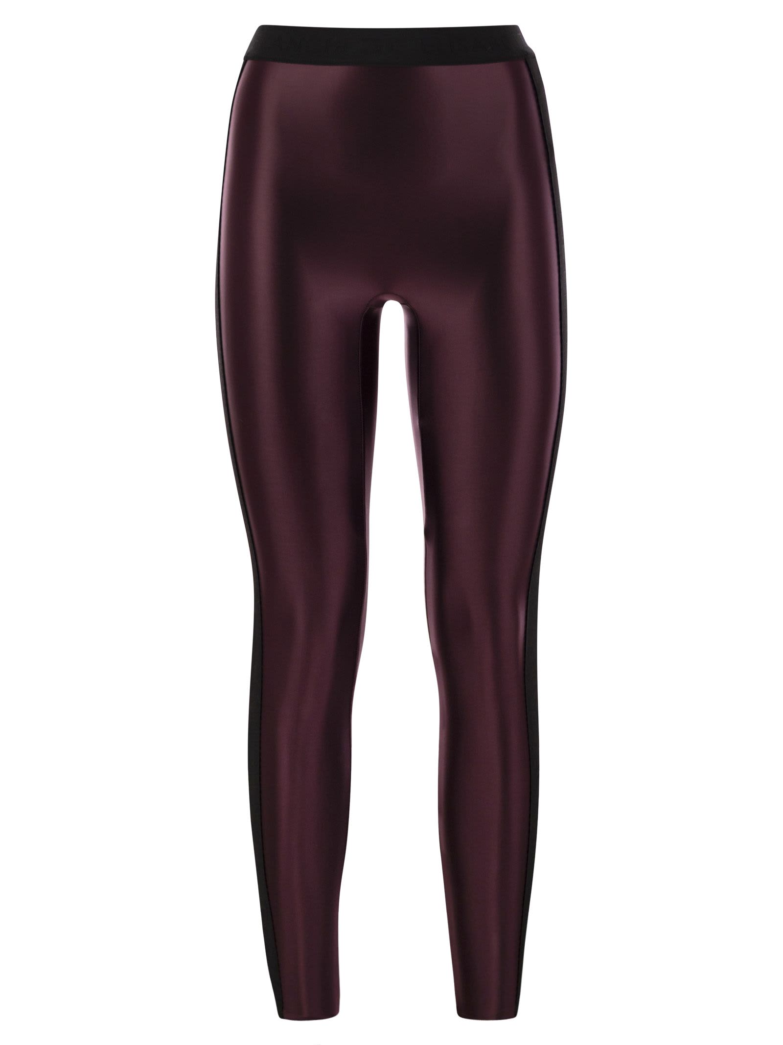 Shop Elisabetta Franchi Shiny Lycra Leggings With Logoed Elastic Band In Bordeaux