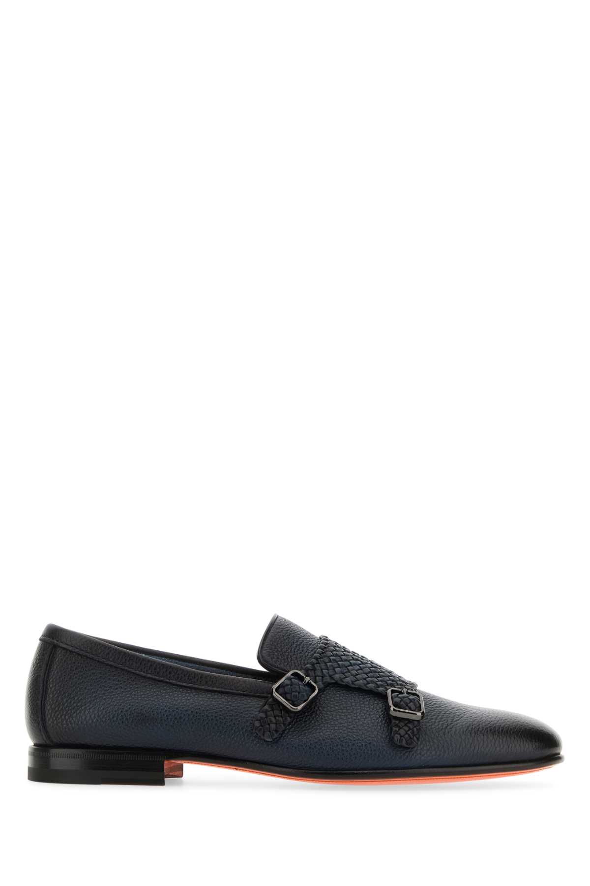 Shop Santoni Dark Blue Leather Carlos Monk Strap Shoes