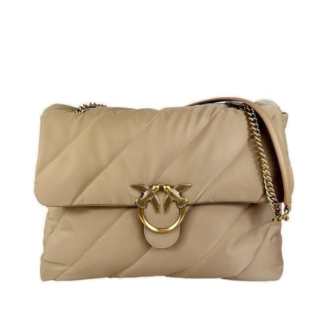 Shop Pinko Love Bird Large Quilted Shoulder Bag In Q Beige Grigio Fumo Antique Gold