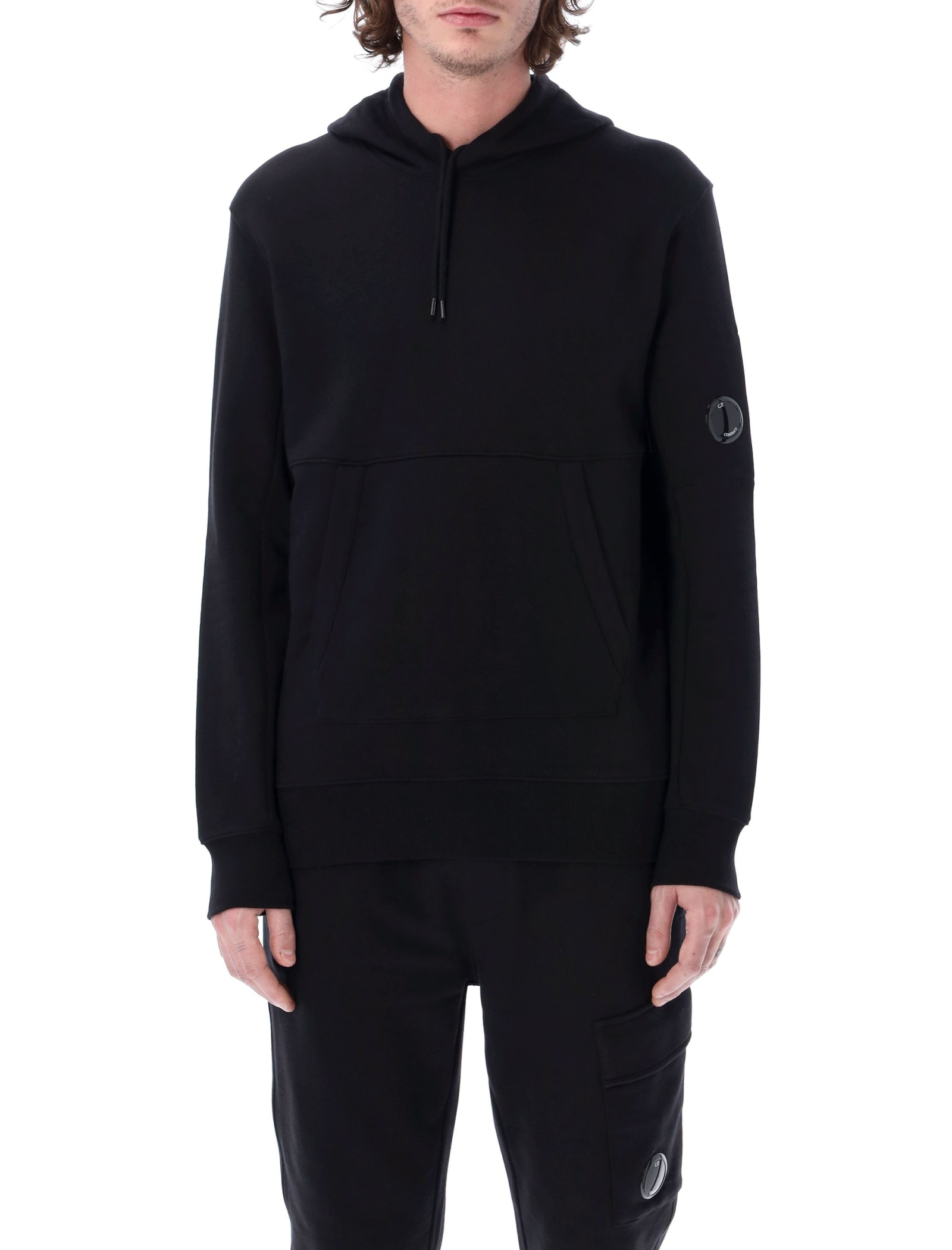 C.p. Company Diagonal Raised Fleece Hoodie Total Eclipse In Black