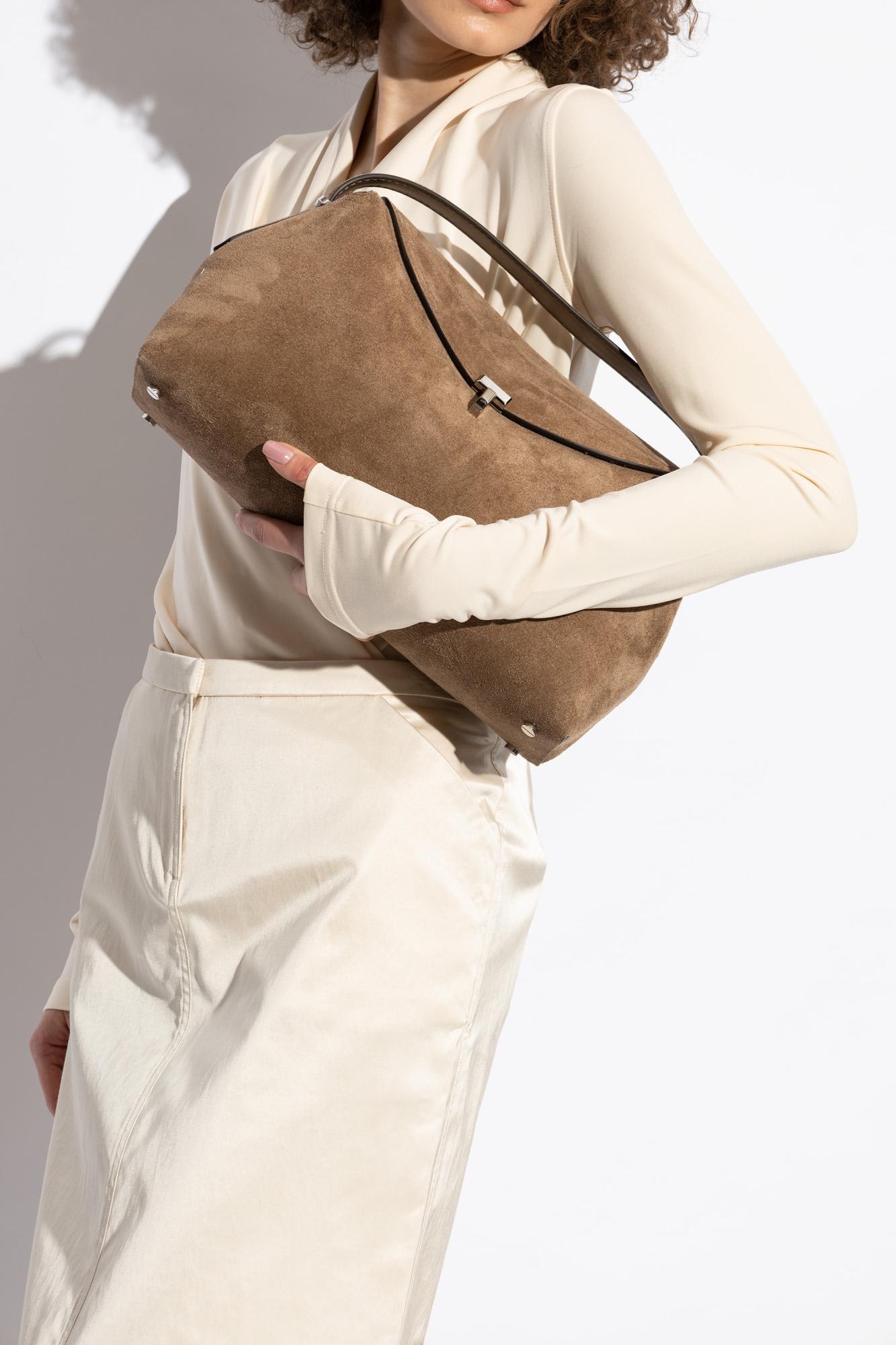 Totême T Lock Suede Top-handle Bag In Tobacco
