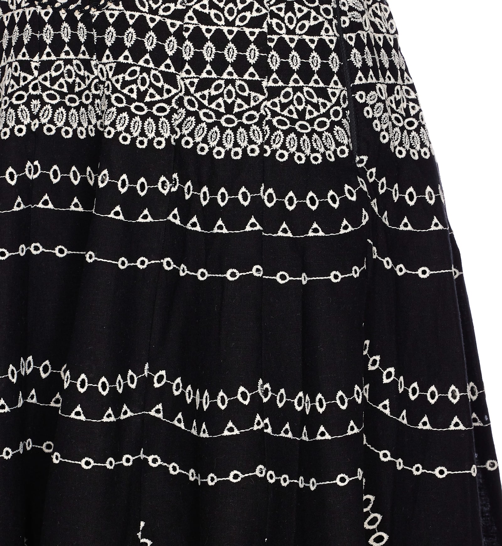 Charo Ruiz Iris Black Long Dress With All-over Embroideries And Ruffled Skirt In Cotton And Linen Blend Woman