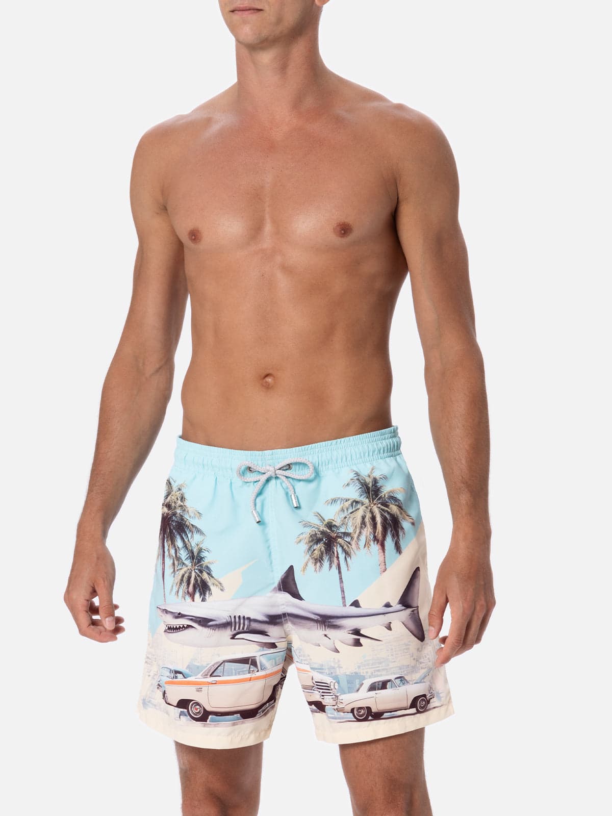Mc2 Saint Barth Man Mid-length Gustavia Swim-shorts With Car And Shark Placed Print Ai Co-created Design By Rickdick In Green