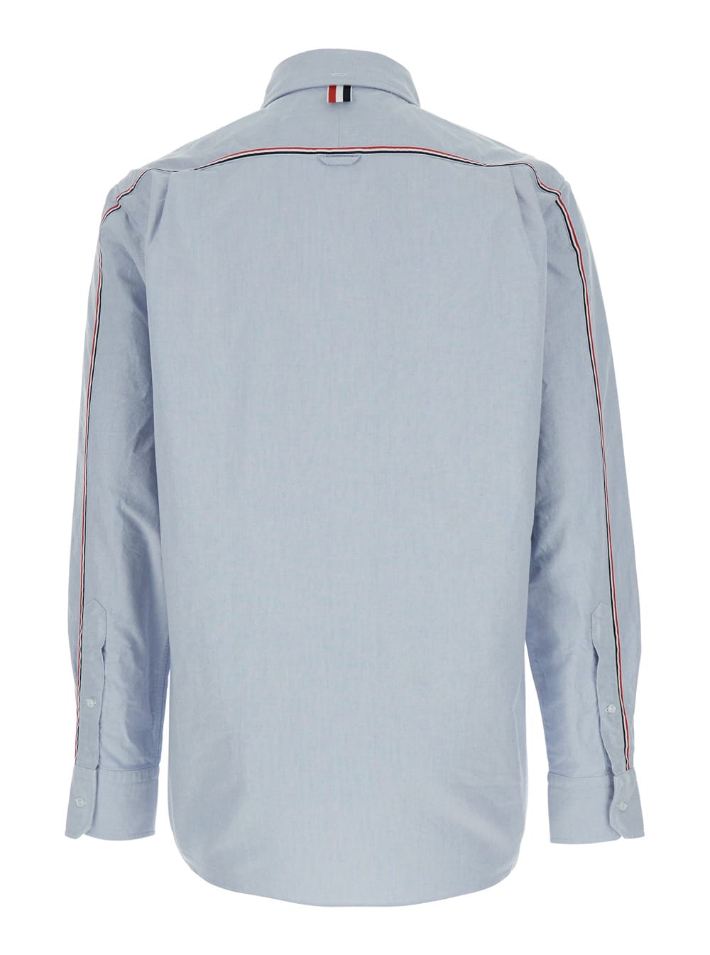 THOM BROWNE LIGHT BLUE SHIRT WITH BUTTON-DOWN COLLAR AND STRIPED RWB DETAIL ON THE REAR IN COTTON MAN 