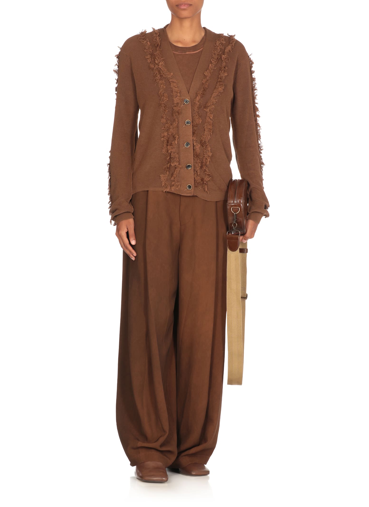 Uma Wang Fringe-detail V-neck Cotton Cardigan In Brown