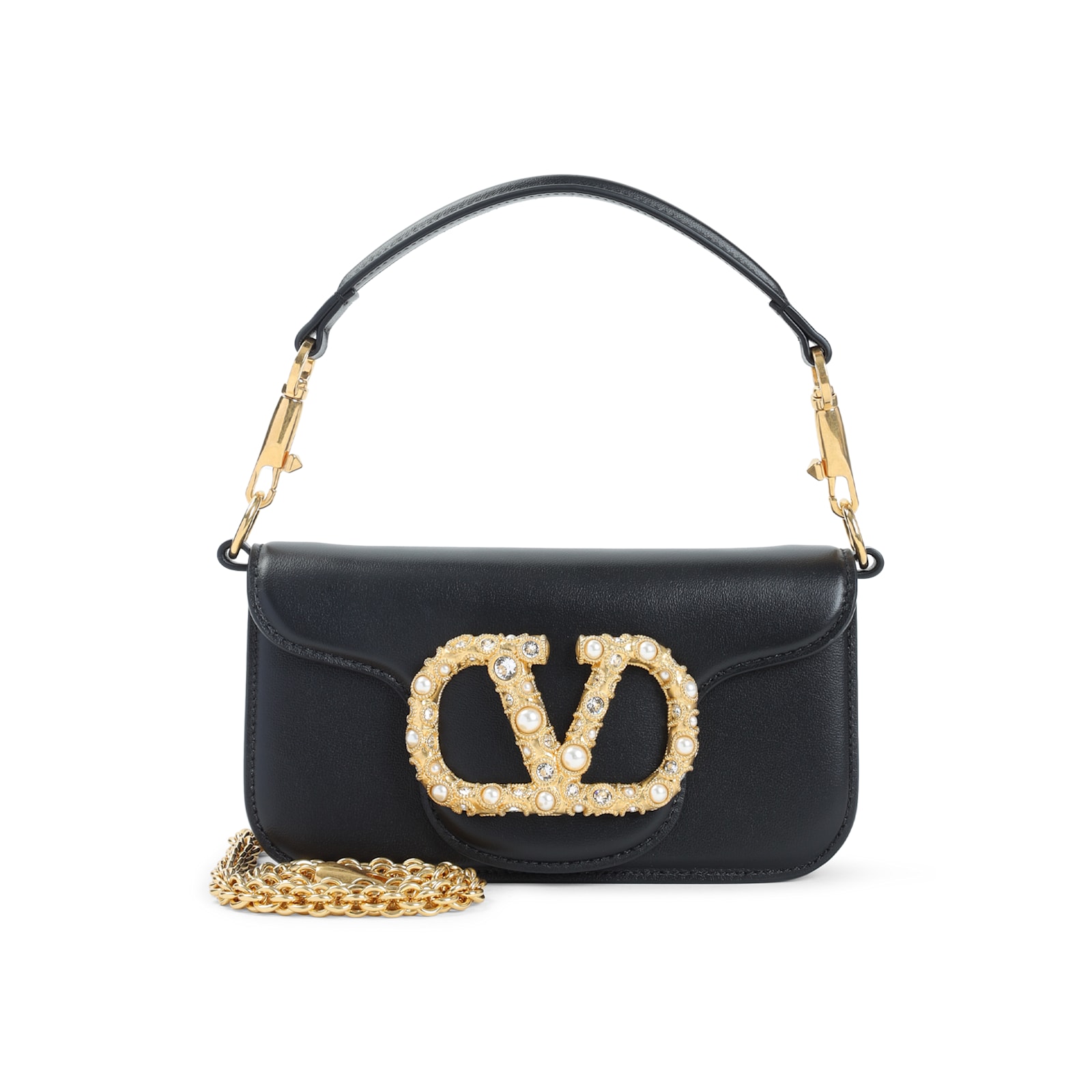 Valentino Small Leather Shoulder Bag With Crystal And Pearl Embellishments In Black