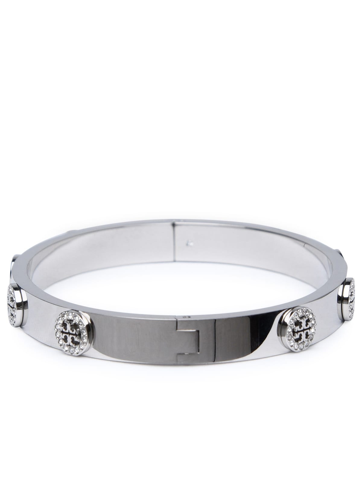 Shop Tory Burch Miller Silver Steel Bracelet In Tory Silver/crystal