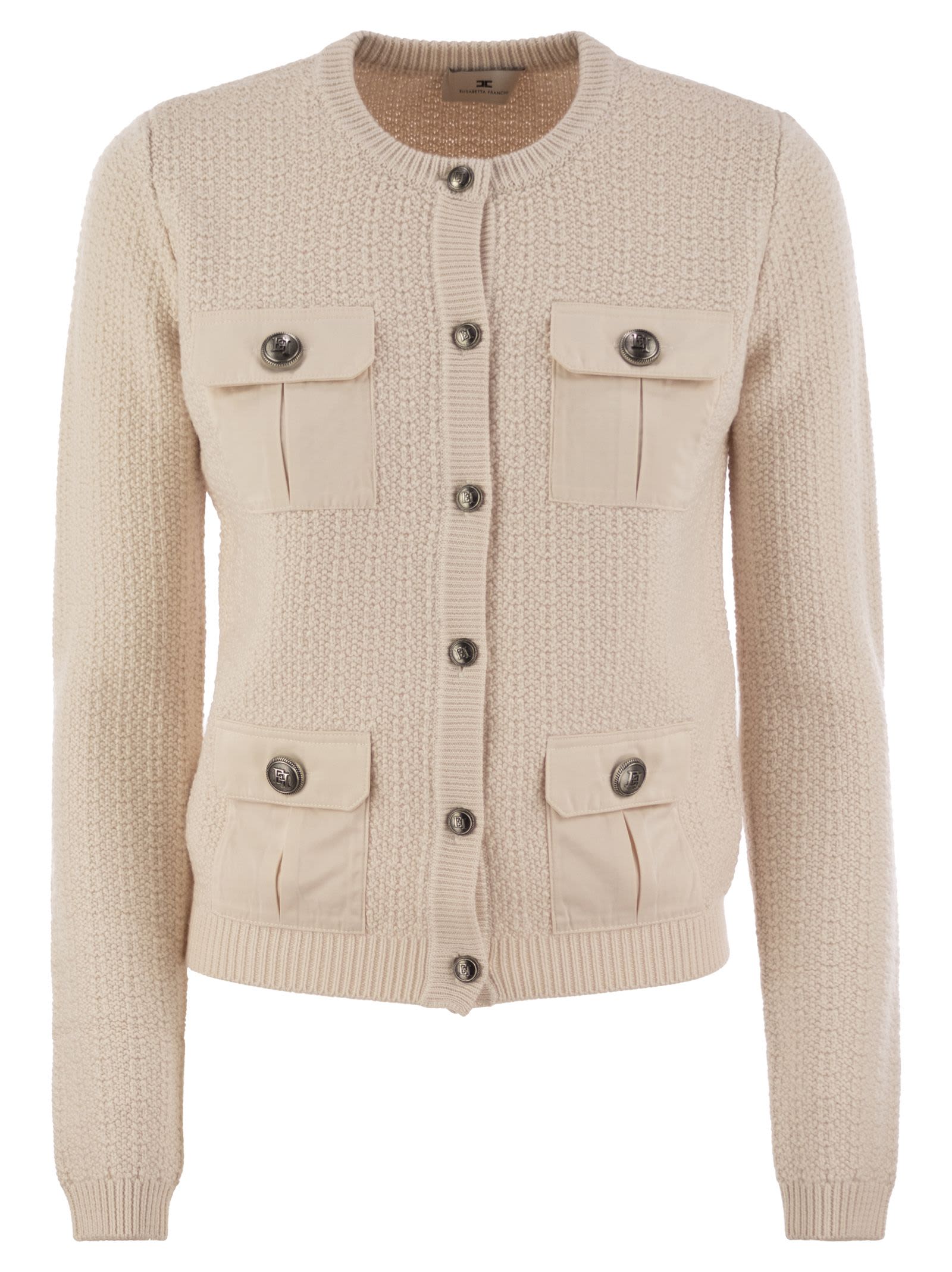 Shop Elisabetta Franchi Bouclé Wool Cardigan With Technical Sail Cloth Pockets In Light Beige