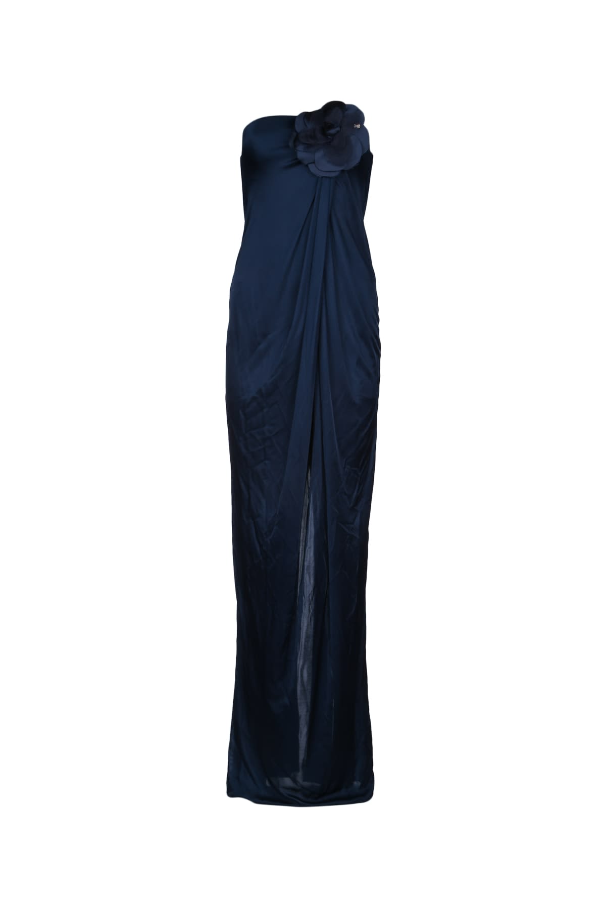 Elisabetta Franchi Red Carpet Glossy Jersey Fabric Dress With Flower In Blu