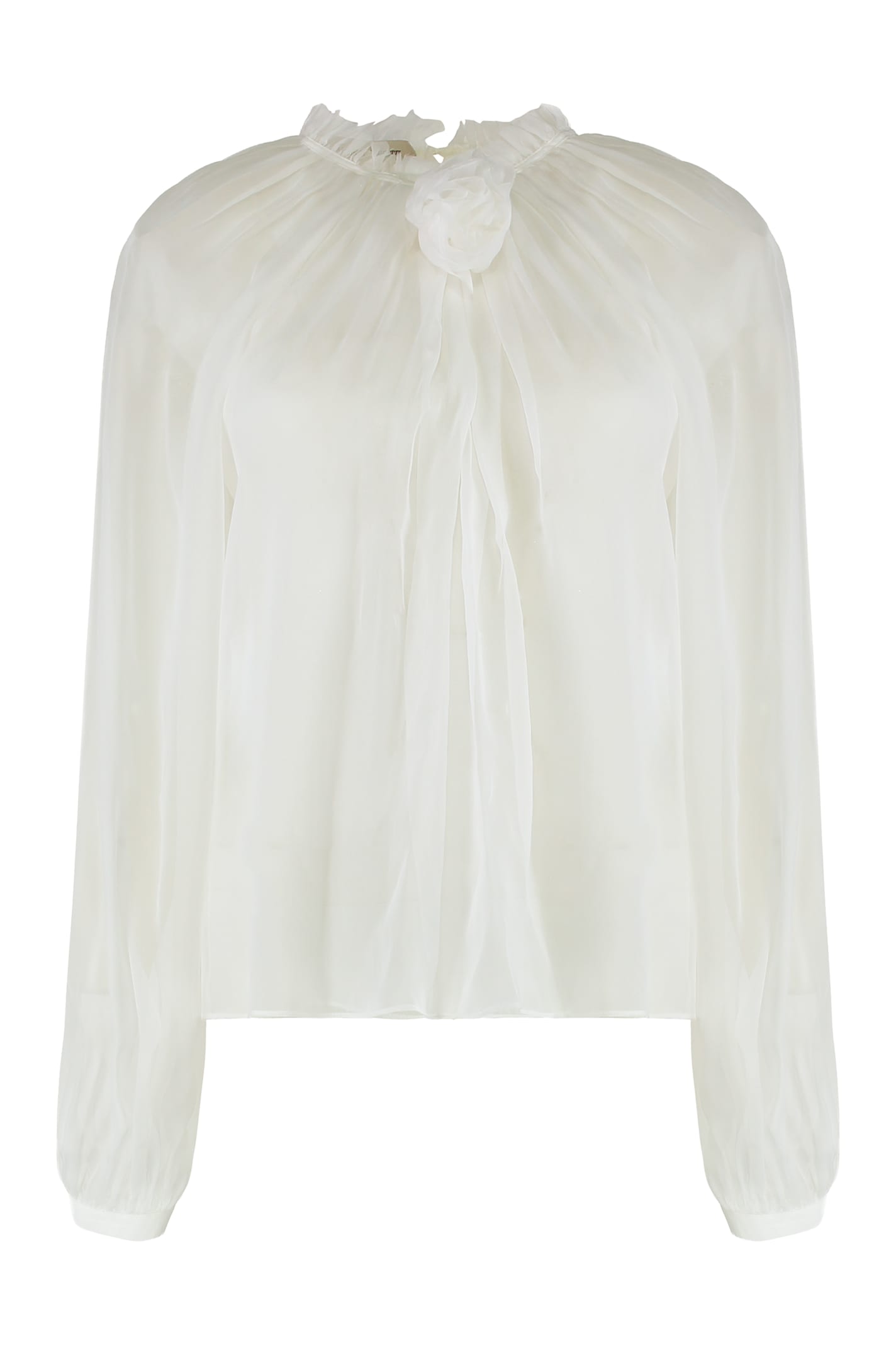 Alberta Ferretti Sheer Silk Chiffon Blouse With Floral Detail In White