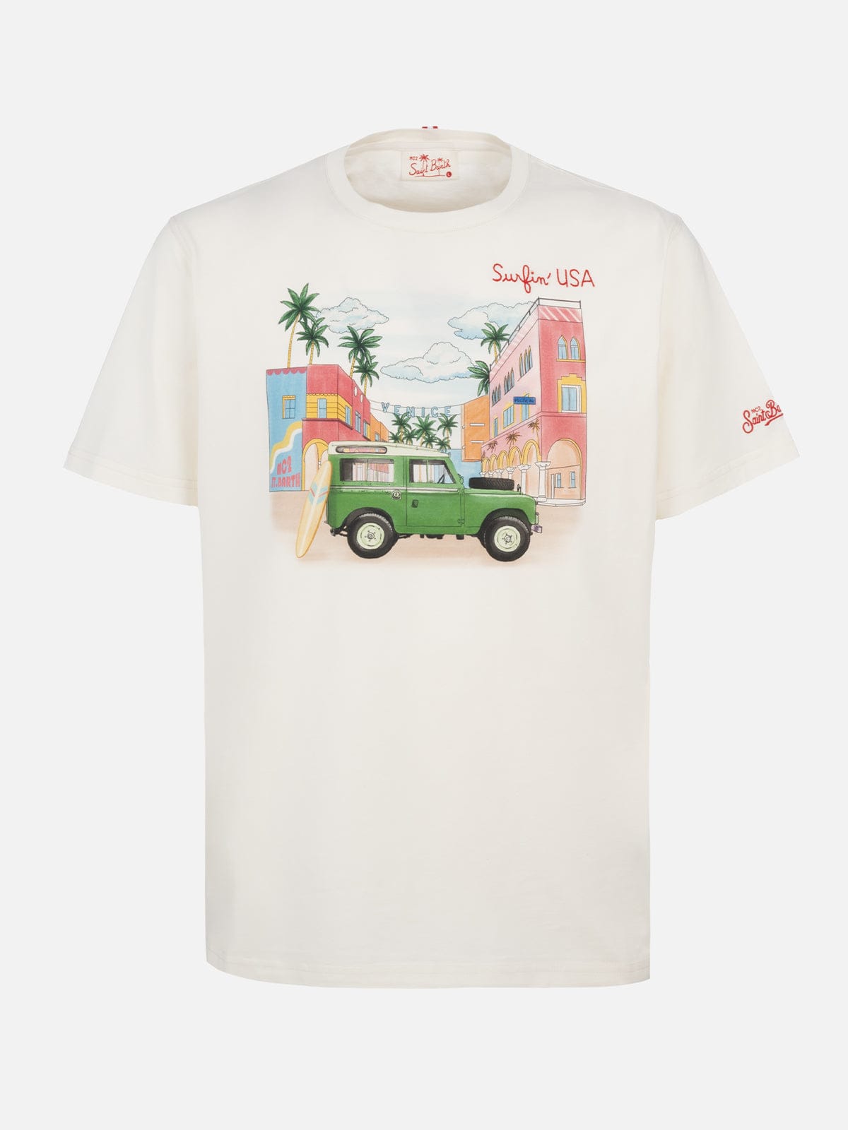 MC2 SAINT BARTH MAN COTTON T-SHIRT WITH PLACED PRINT AND SURFINUSA EMBROIDERY