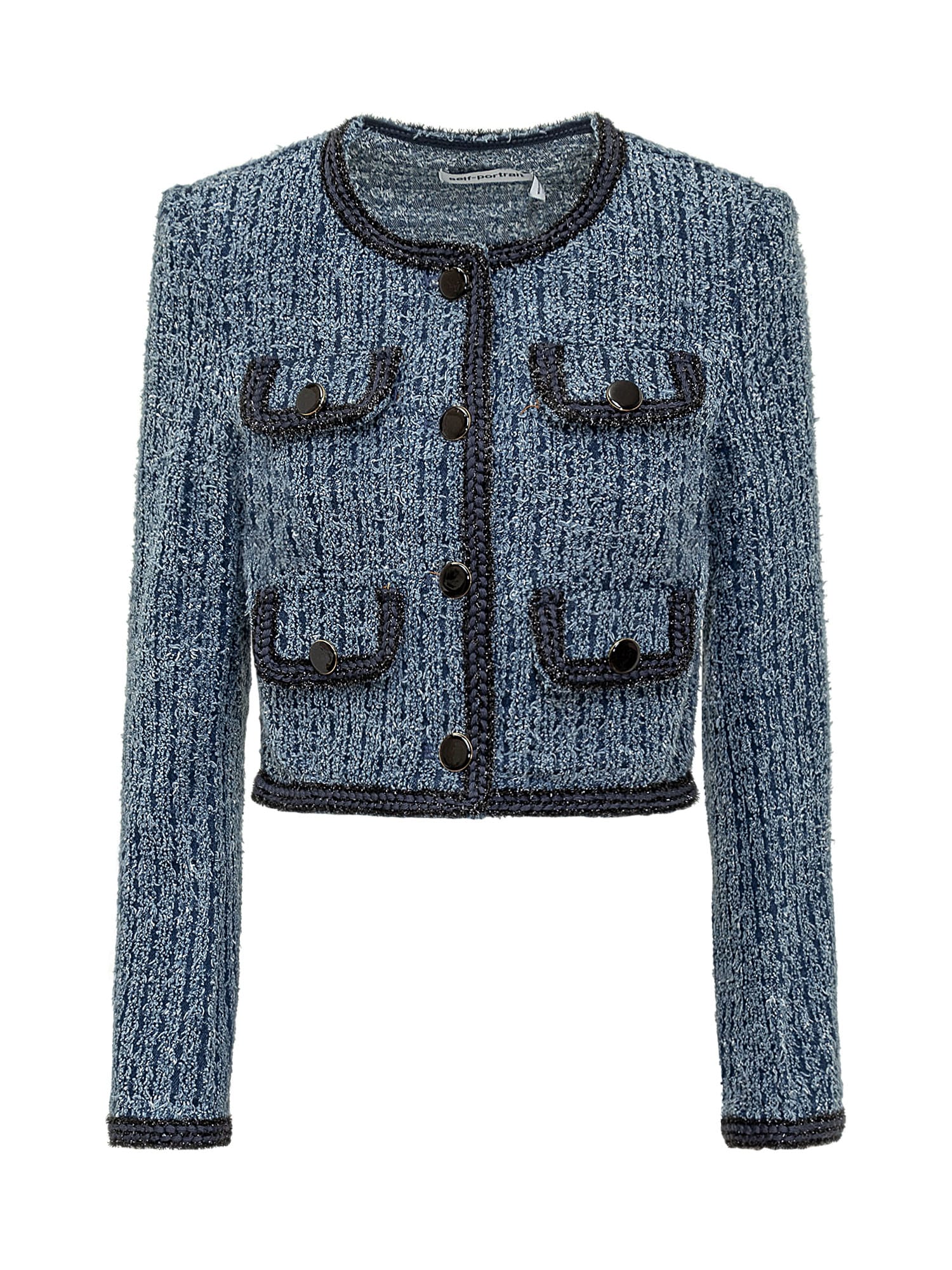 Shop Self-portrait Textured Denim Blazer In Blue