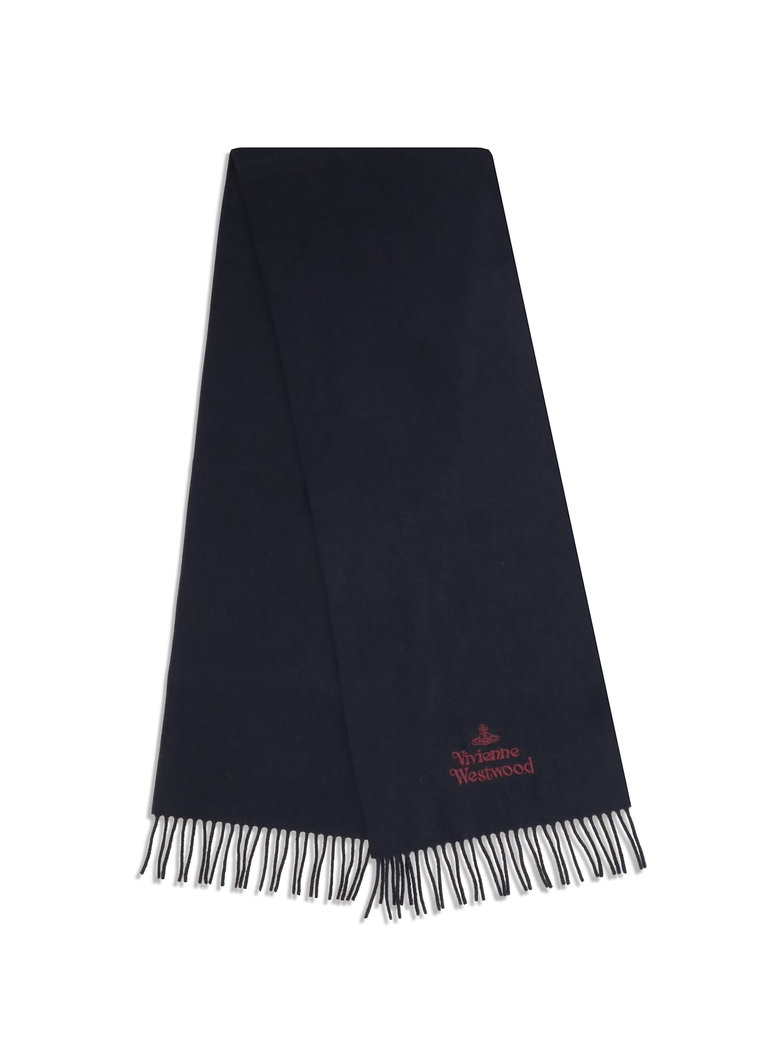 Vivienne Westwood Blue Scarf With Fringed Hem And Orb Embroidery On The Front In Wool Unisex In Blue