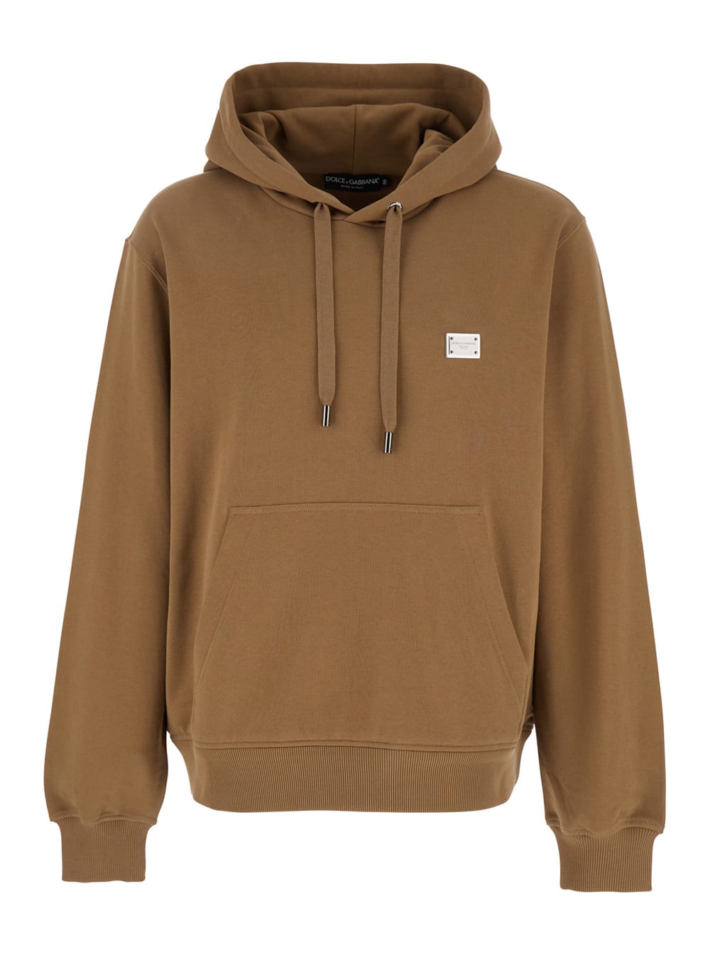Dolce & Gabbana Beige Hoodie With Drawstring Hood And Logo Patch On The Front In Beige