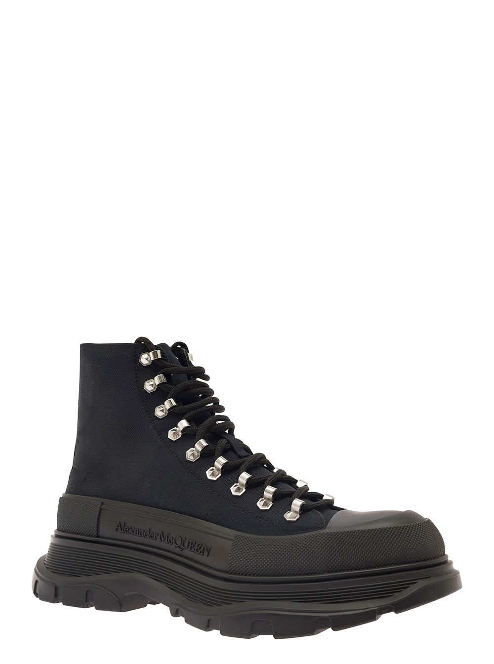 Shop Alexander Mcqueen Trade Slick Black Lace-up Boots With Thread Sole In Canvas Man