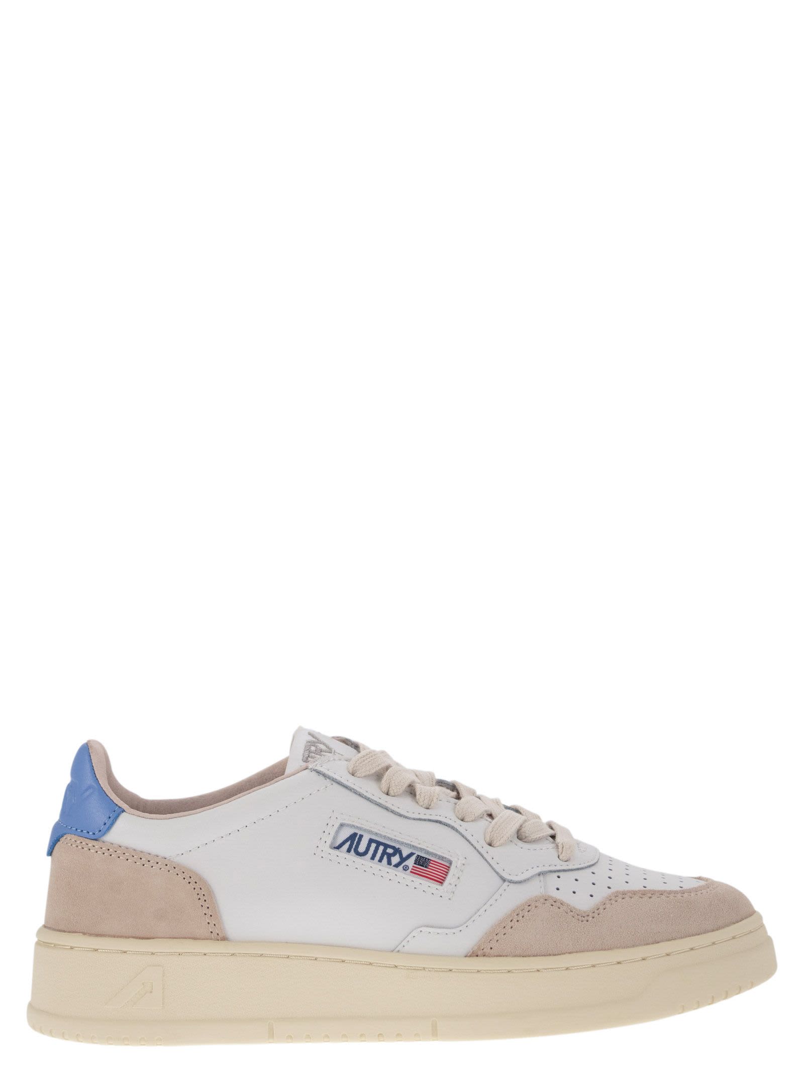 Shop Autry Medalist Low - Leather And Suede Sneakers In White/blue/beige