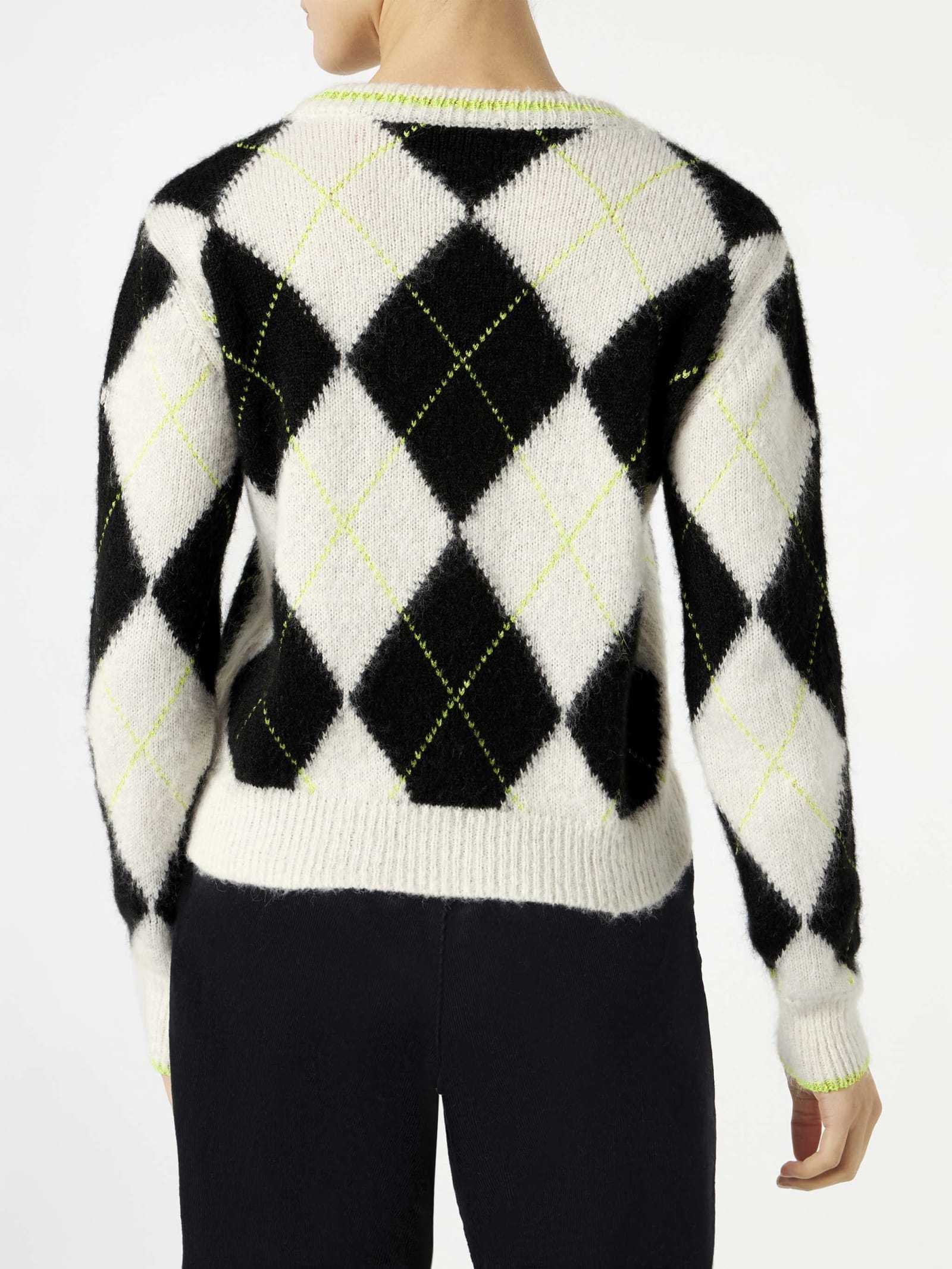 Shop Mc2 Saint Barth Woman Brushed Cropped Sweater With Argyle Pattern In Black