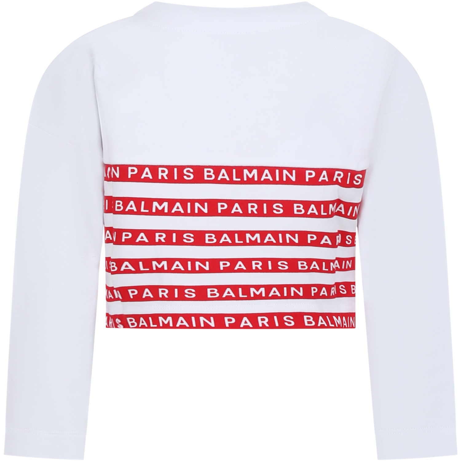 Shop Balmain White Sweatshirt For Girl With Red Stripes And Logo