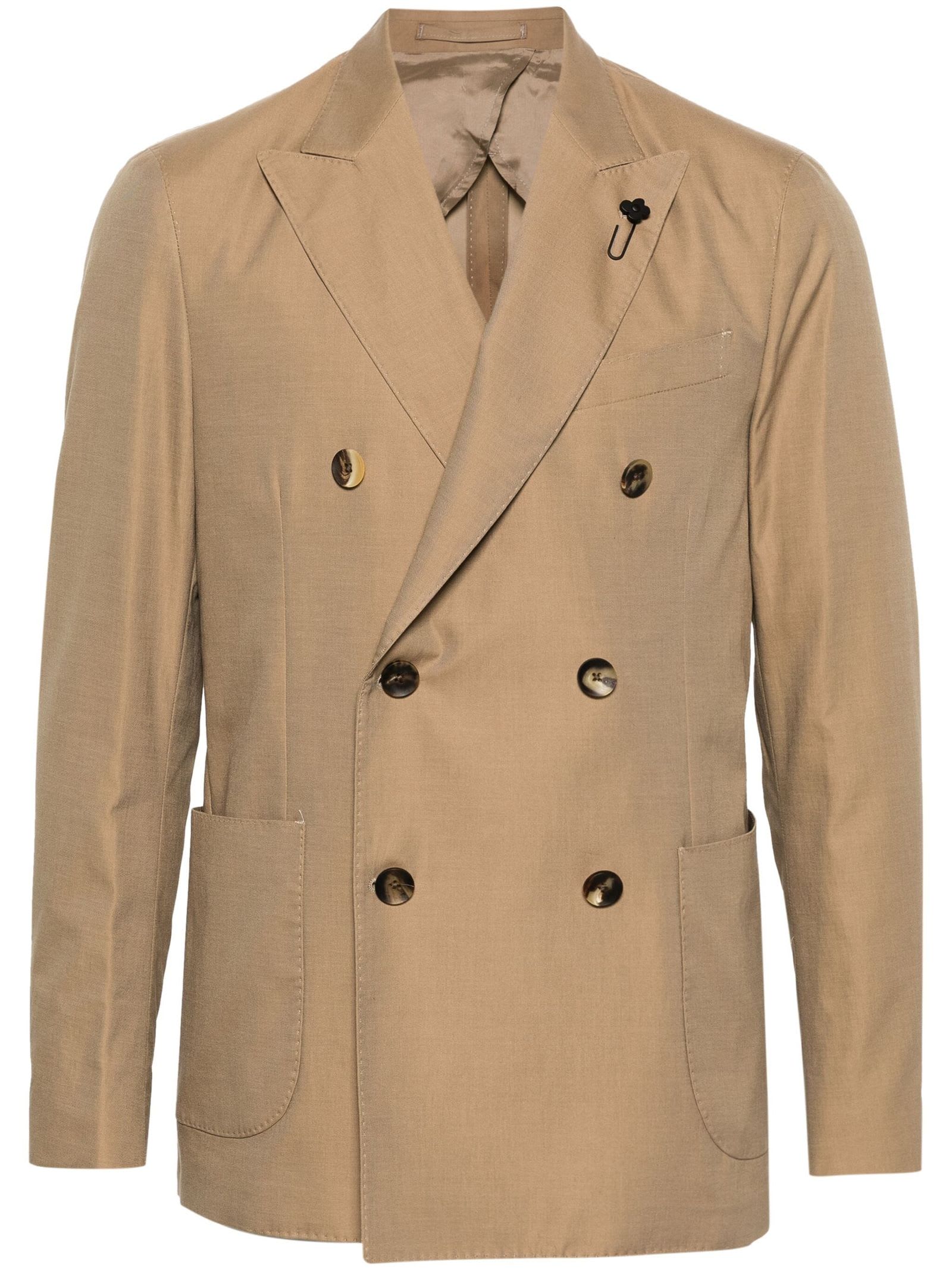 Camel Brown Cotton Double-breasted Blazer