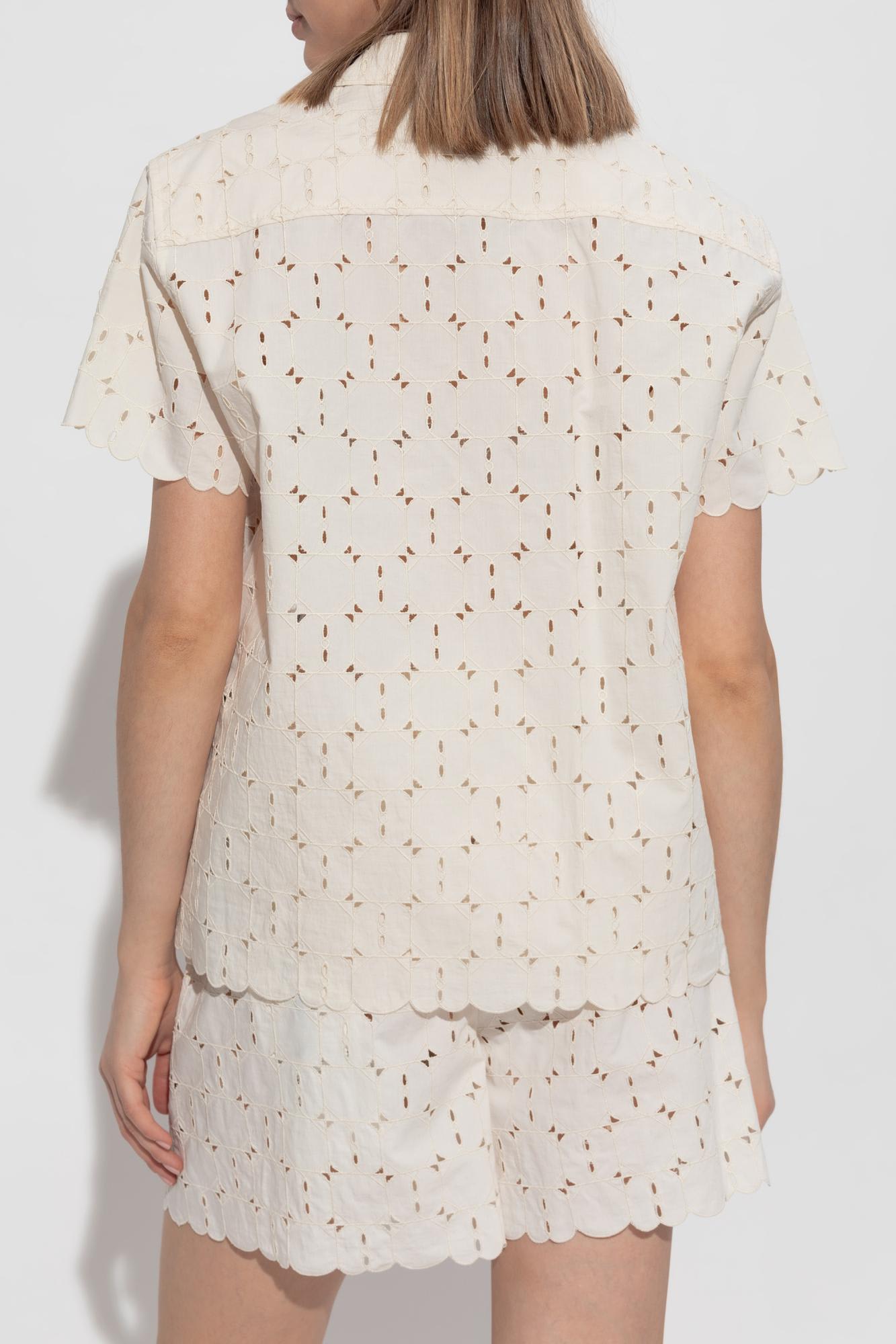 Moncler Short-sleeve Cotton Blend Shirt With Embroidered Design In White