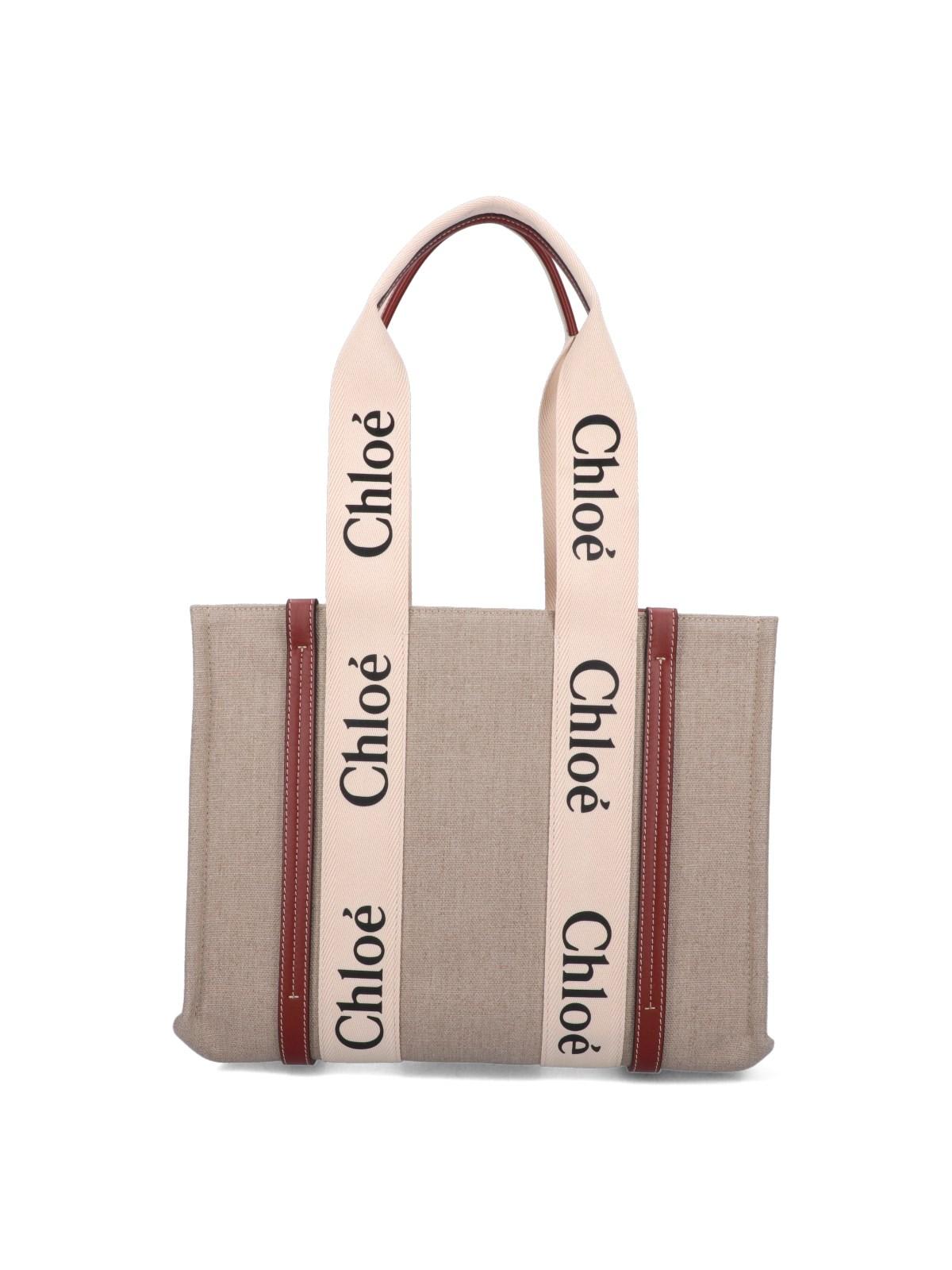 CHLOÉ WHITE AND BROWN MEDIUM WOODY SHOPPING BAG WITH SHOULDER STRAP
